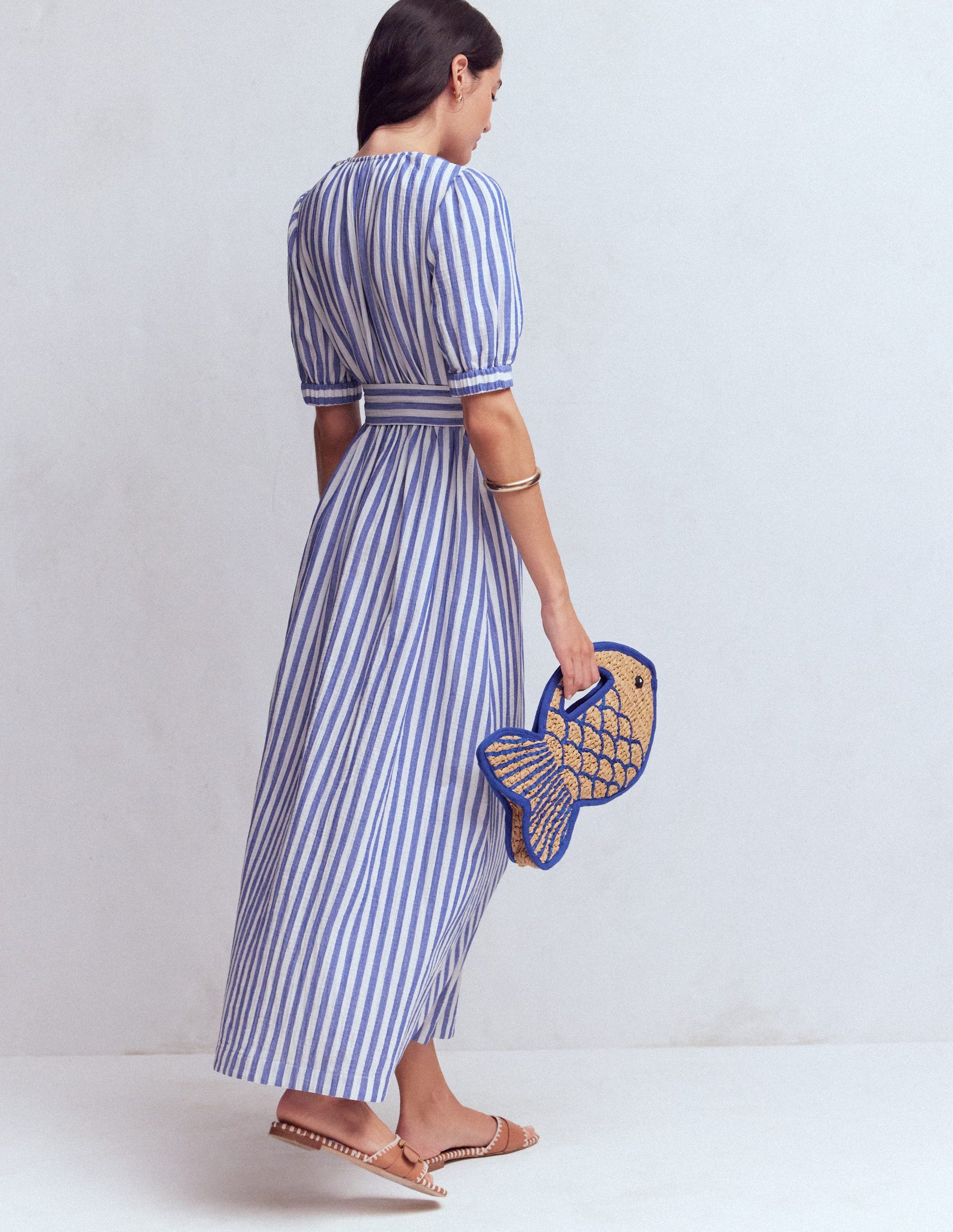 Doppeltuch-Kleid mit Puffärmeln-Blau Naturweiß Streifen-4