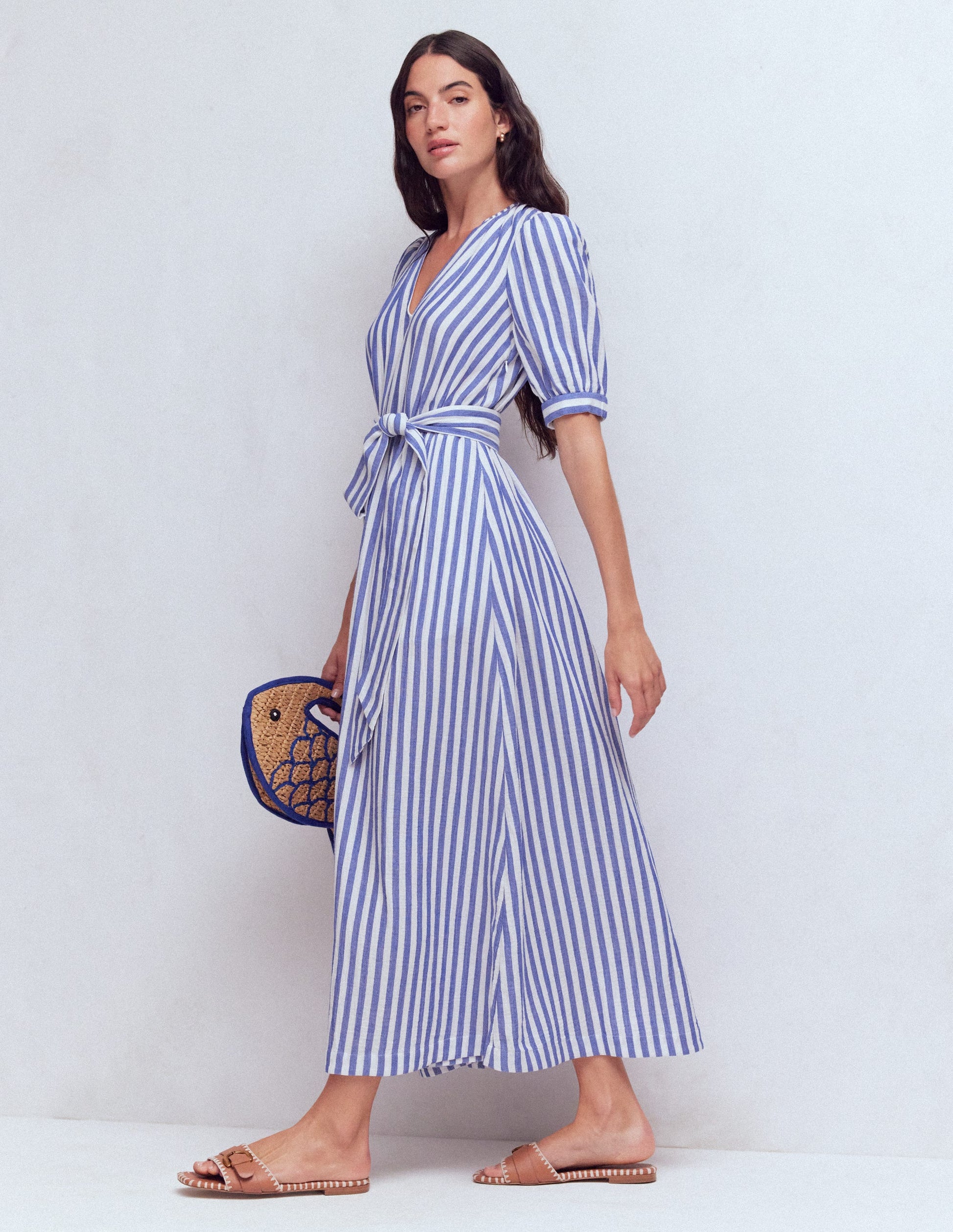 Doppeltuch-Kleid mit Puffärmeln-Blau Naturweiß Streifen-5