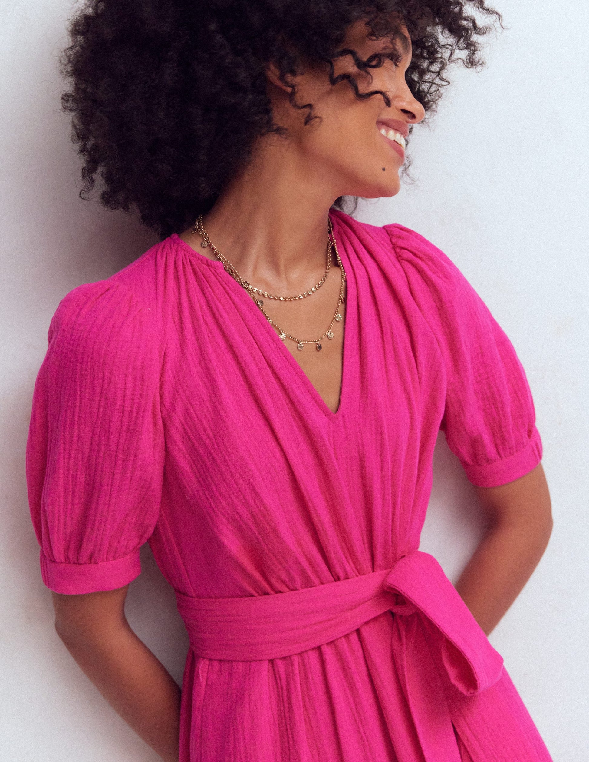 Double Cloth Puff Sleeve Dress-Bright Pink-2