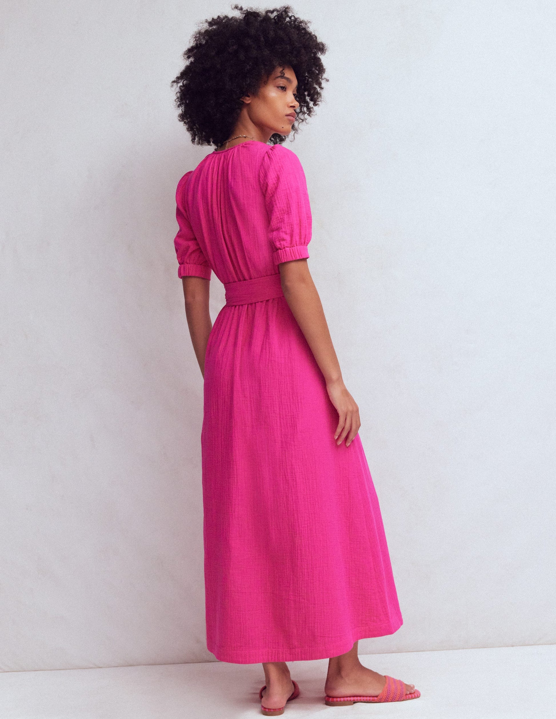Double Cloth Puff Sleeve Dress-Bright Pink-3