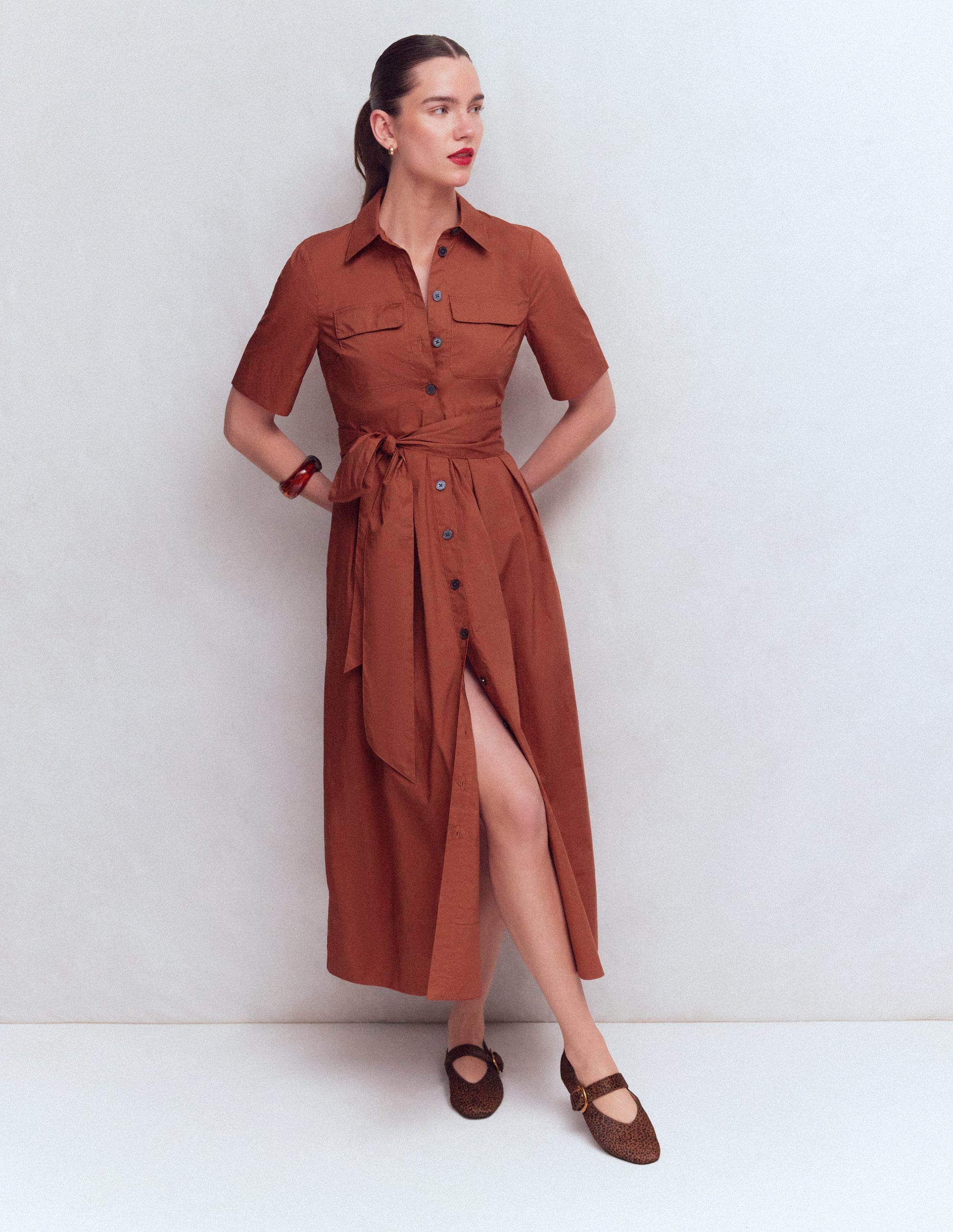 Zoe Kurzärmliges Hemdblusenkleid-Braun-Orange-4