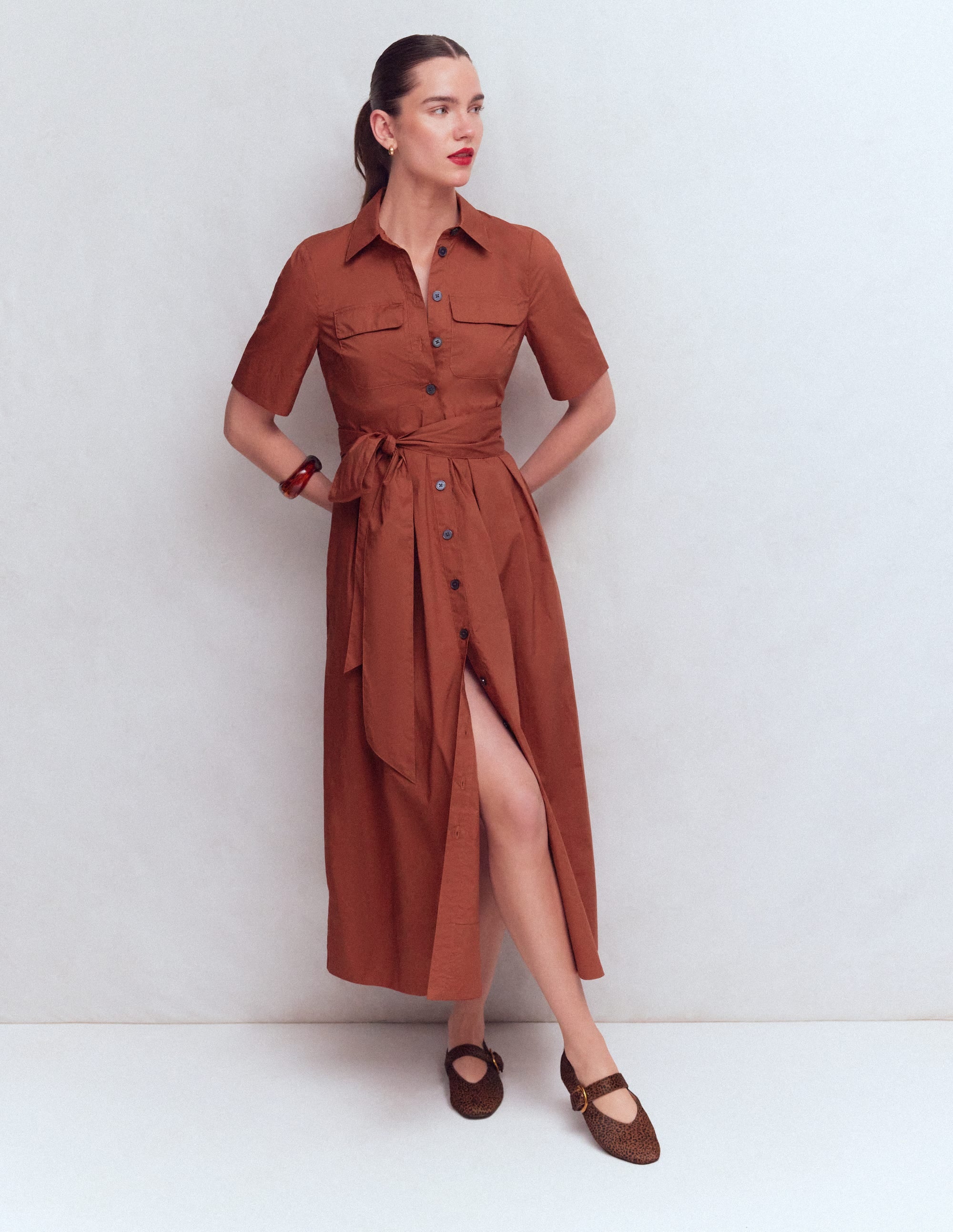 Zoe Kurzärmliges Hemdblusenkleid-Braun-Orange - Image 4