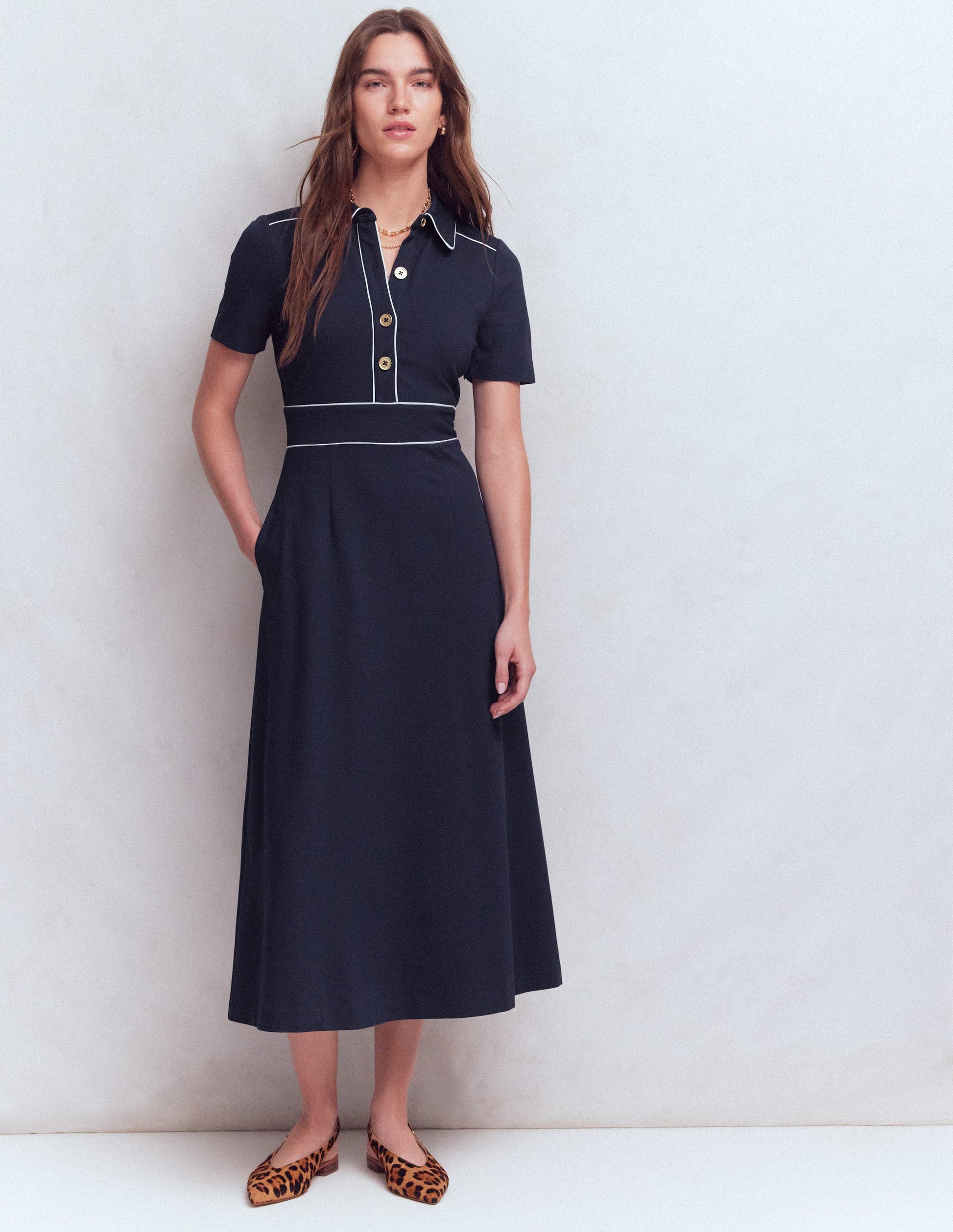 Etta Paspeliertes Ponte-Kleid-Marineblau-4