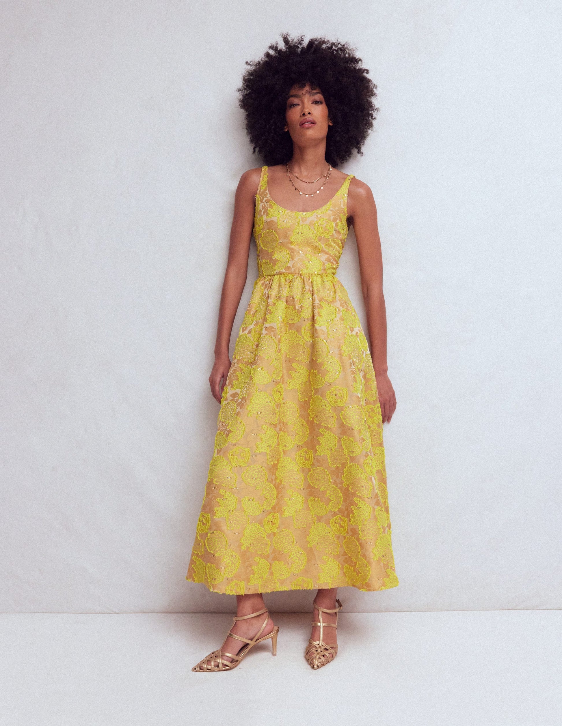 Robe à col U en jacquard-Jacquard jaune-4