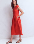 Kleid aus Materialmix mit U-Boot-Ausschnitt-Blutorange