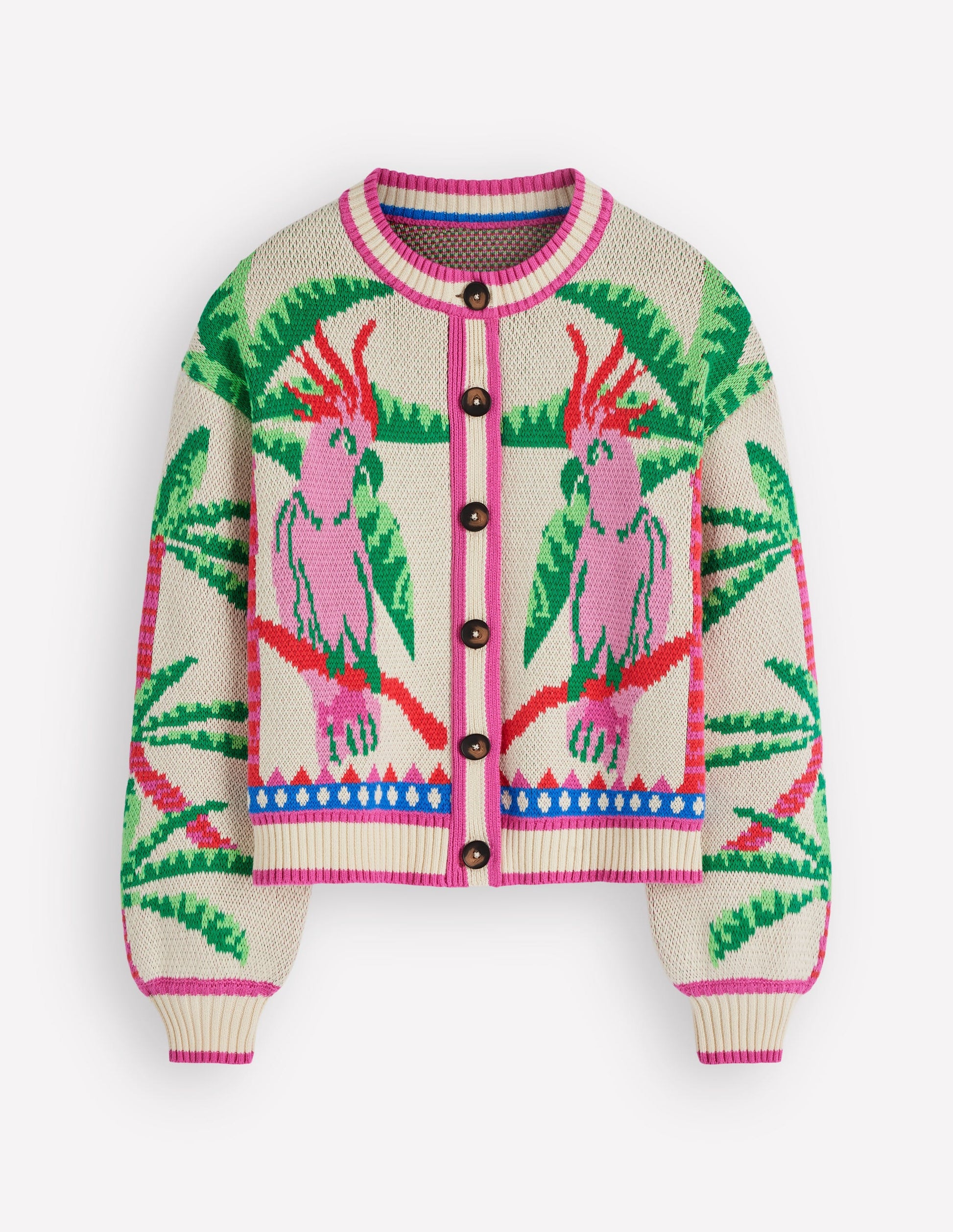 Abi Jacquard-Strickjacke-Warmes Naturweiß, Palmen Vögel-9