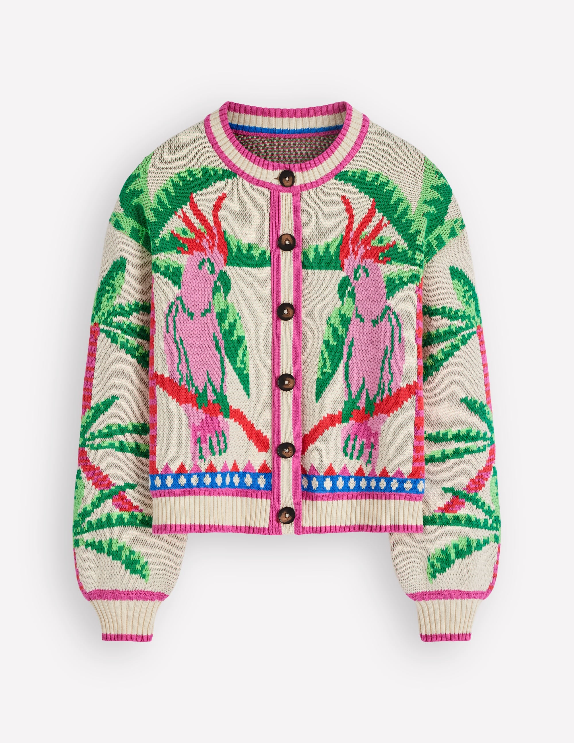 Abi Jacquard-Strickjacke-Warmes Naturweiß, Palmen Vögel - Image 9