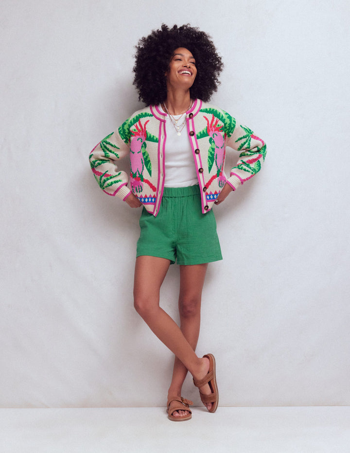 Abi Jacquard-Strickjacke-Warmes Naturweiß, Palmen Vögel
