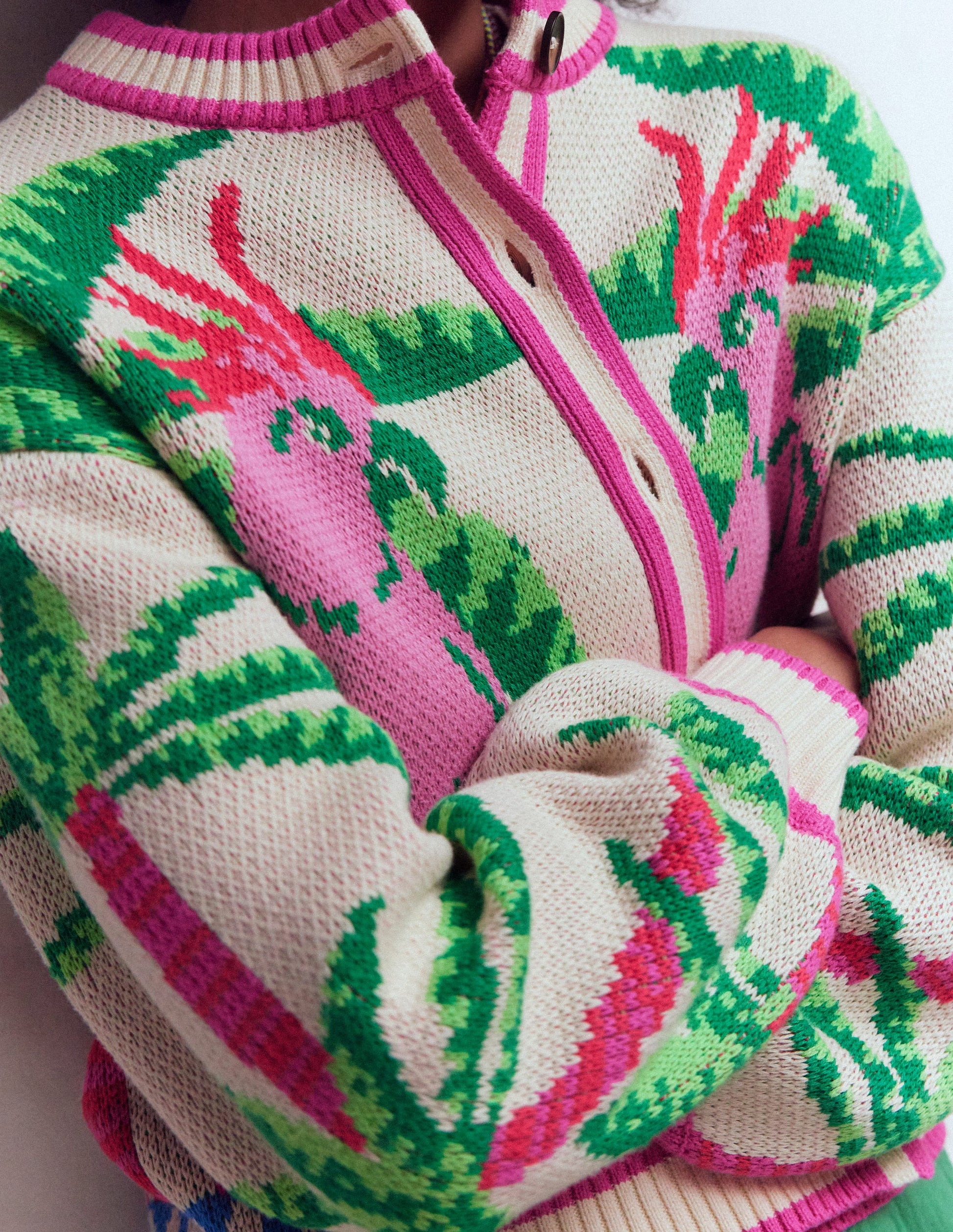 Abi Jacquard-Strickjacke-Warmes Naturweiß, Palmen Vögel-2