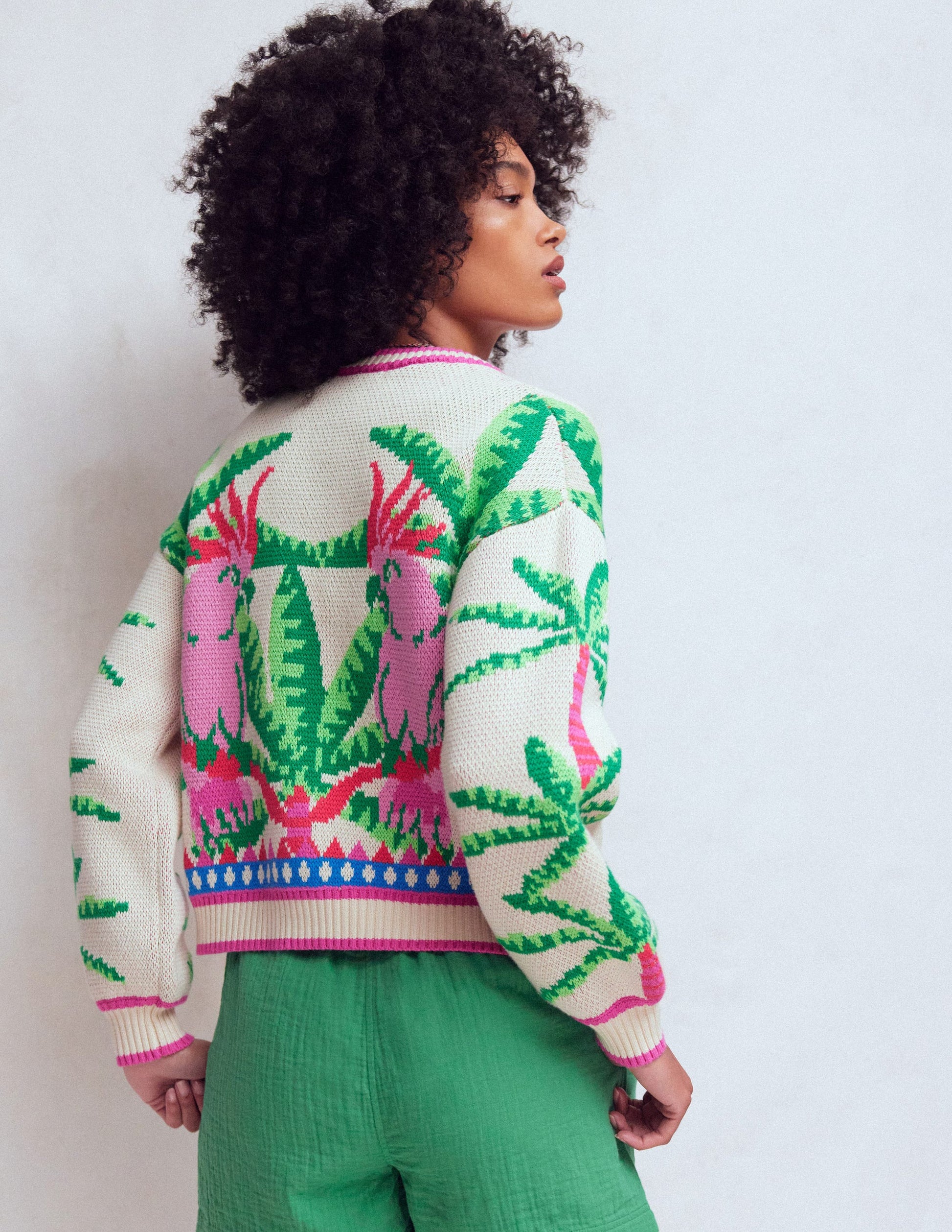 Abi Jacquard-Strickjacke-Warmes Naturweiß, Palmen Vögel-3
