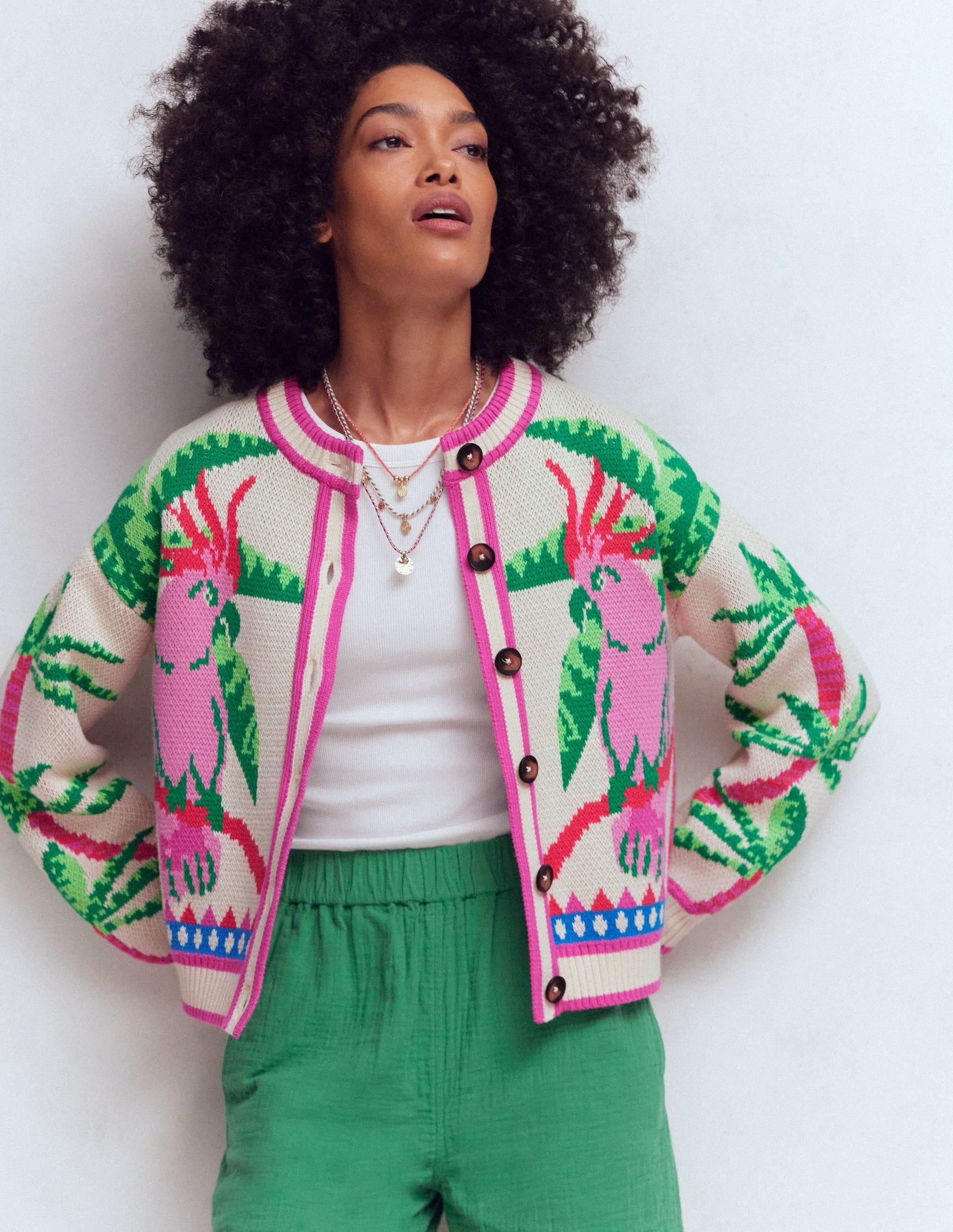 Abi Jacquard-Strickjacke-Warmes Naturweiß, Palmen Vögel - Image 4