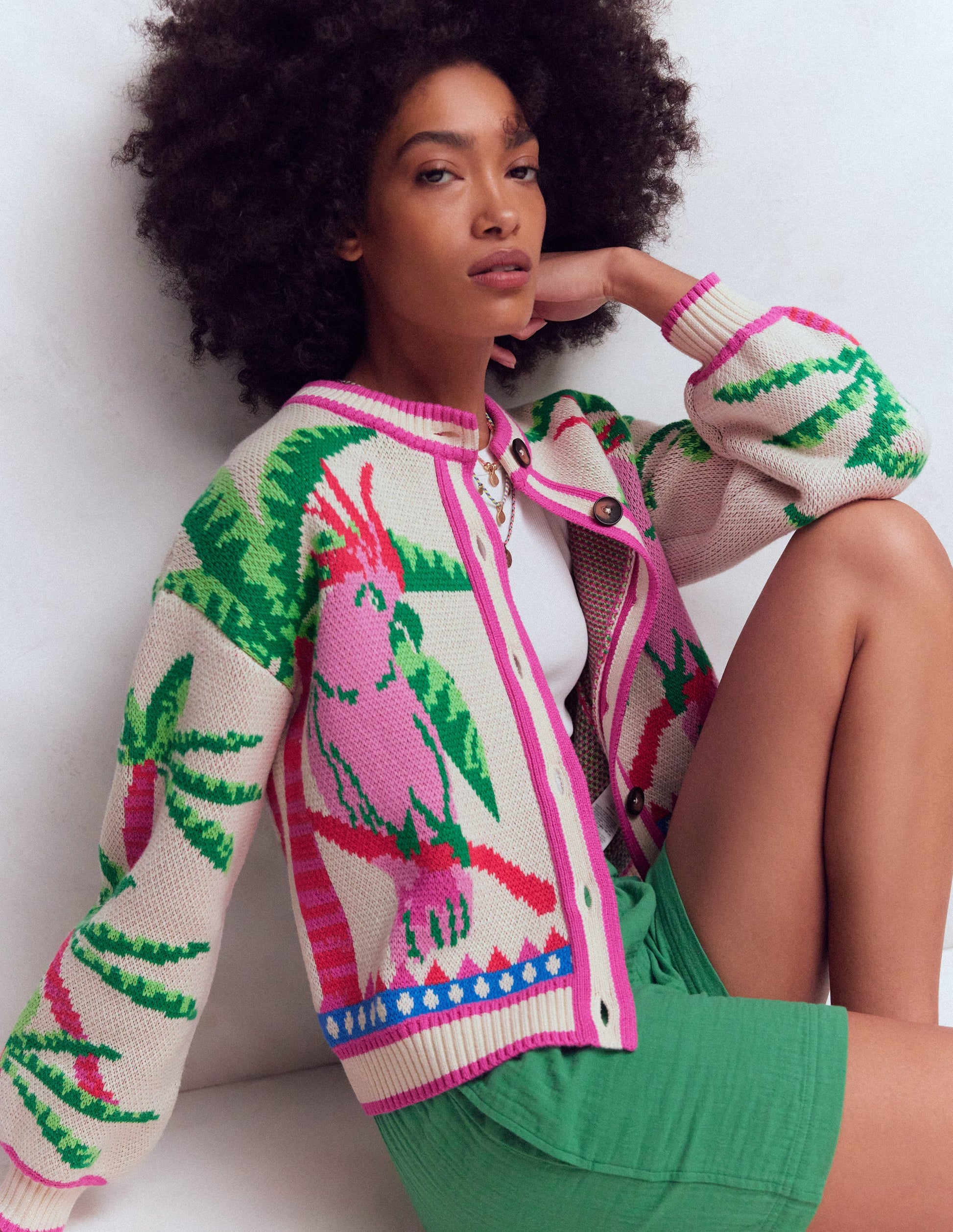 Abi Jacquard-Strickjacke-Warmes Naturweiß, Palmen Vögel-5