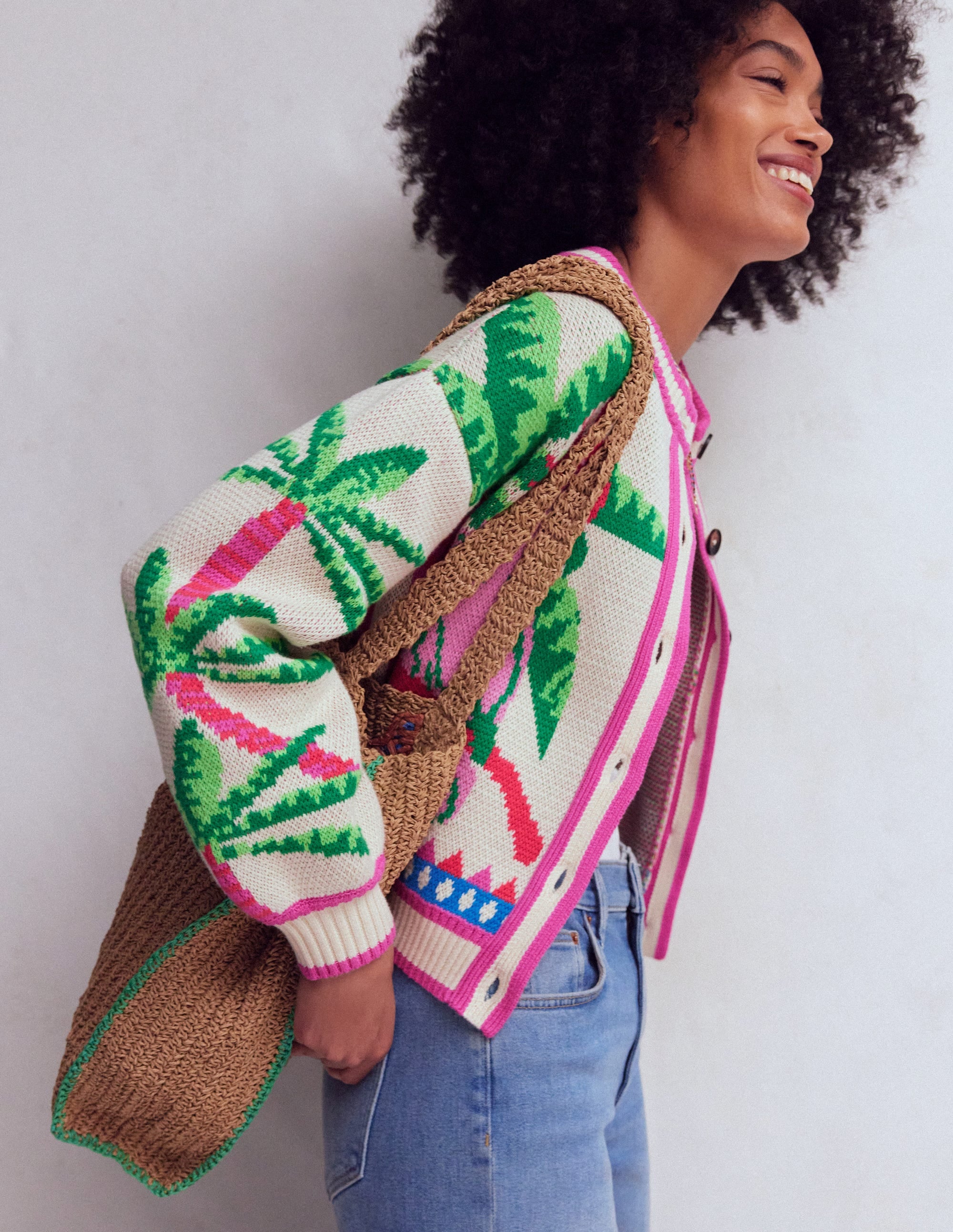Abi Jacquard-Strickjacke-Warmes Naturweiß, Palmen Vögel - Image 7