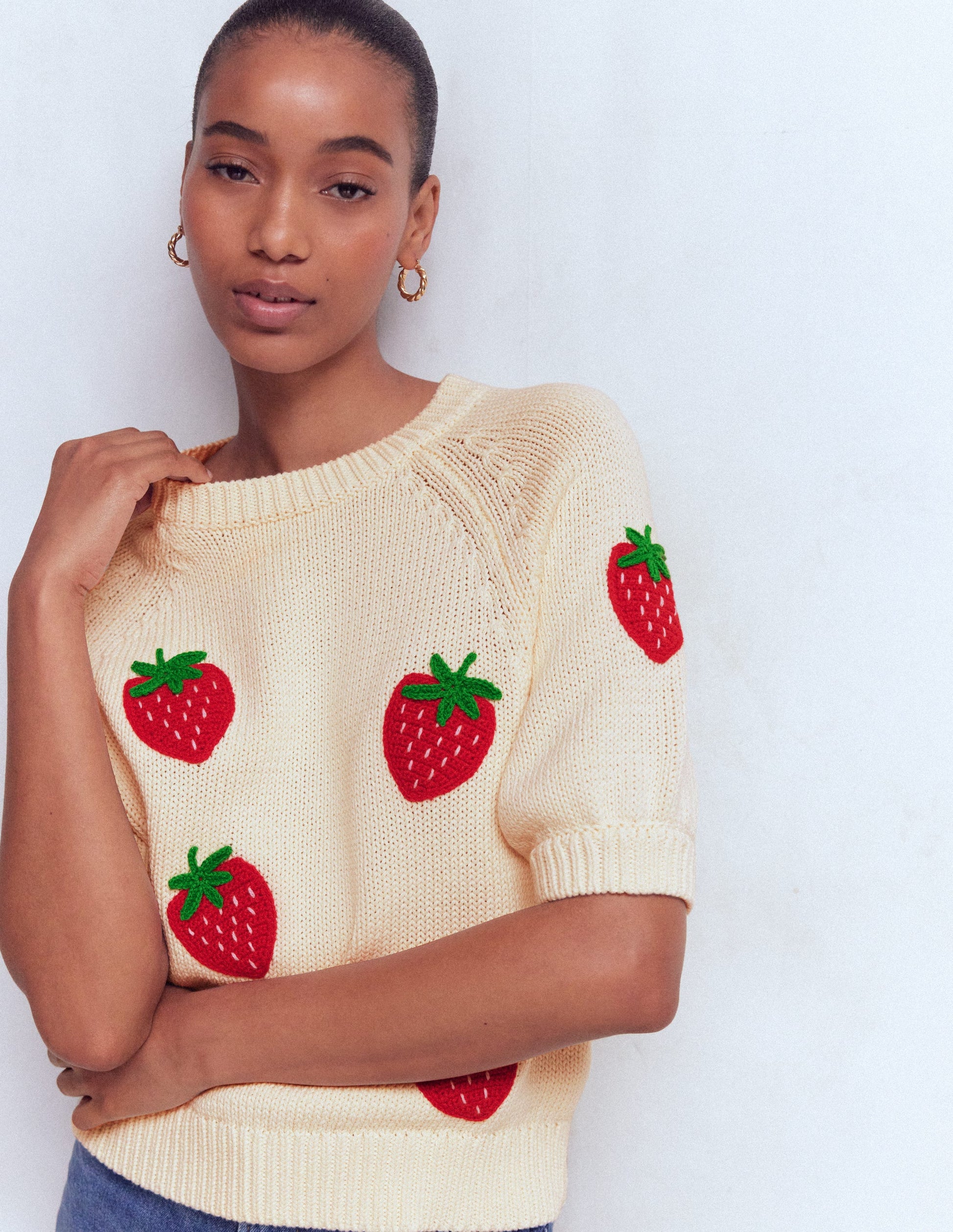 Margot T-Shirt mit Puffärmeln-Warmes Naturweiß Erdbeere-5