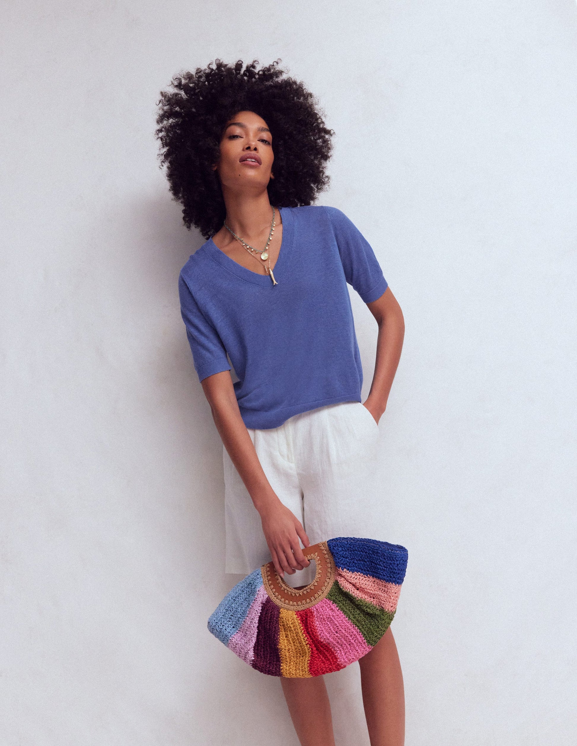 Agnes Linen V Neck T-Shirt-Solid Blue-1