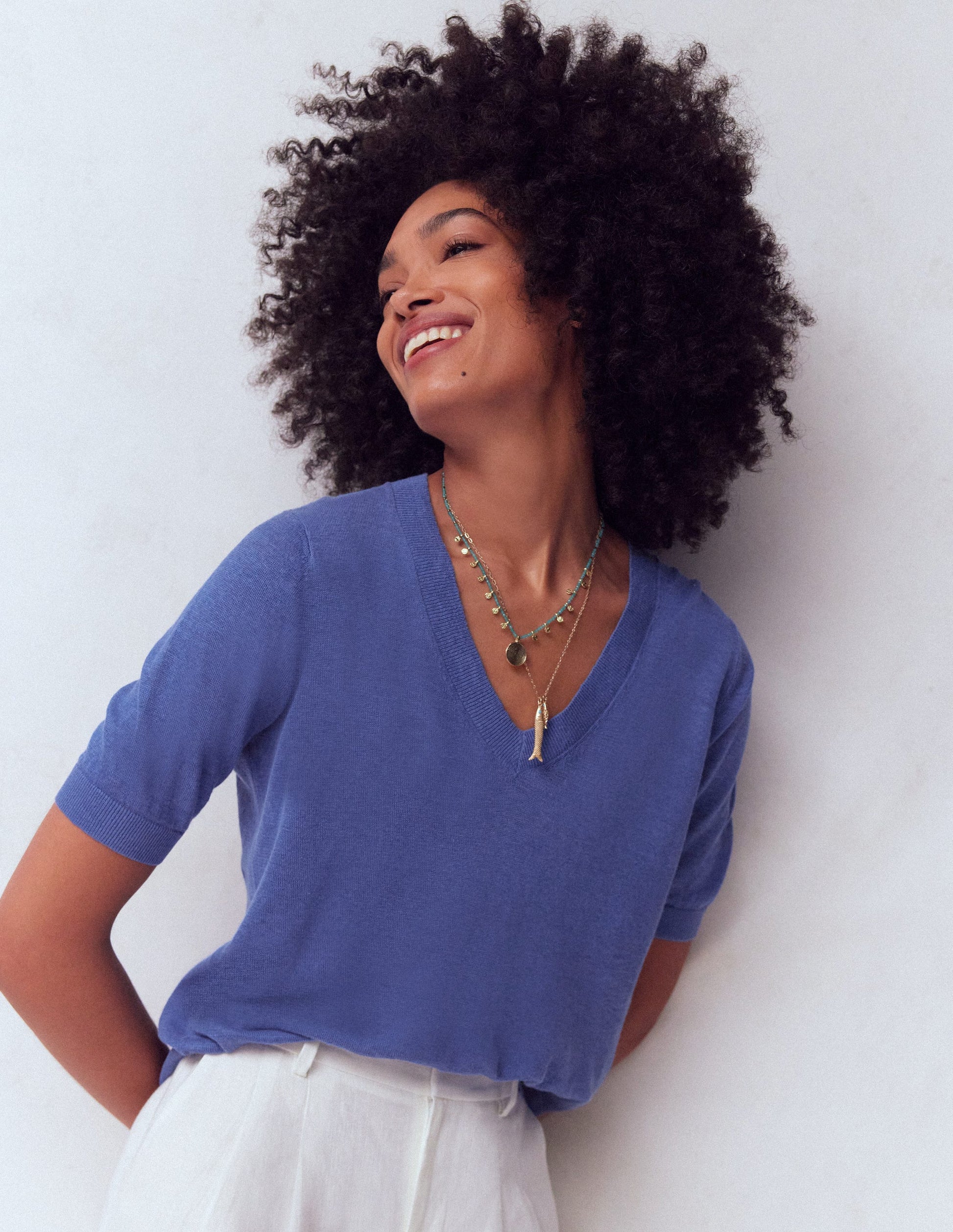 Agnes Linen V Neck T-Shirt-Solid Blue-4