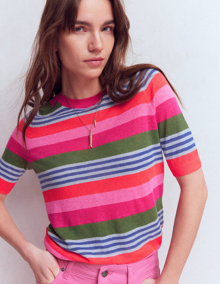 Agnes Leinen-T-Shirt mit Knopfleiste-Ackerbohnengrün/Pink, Gestreift