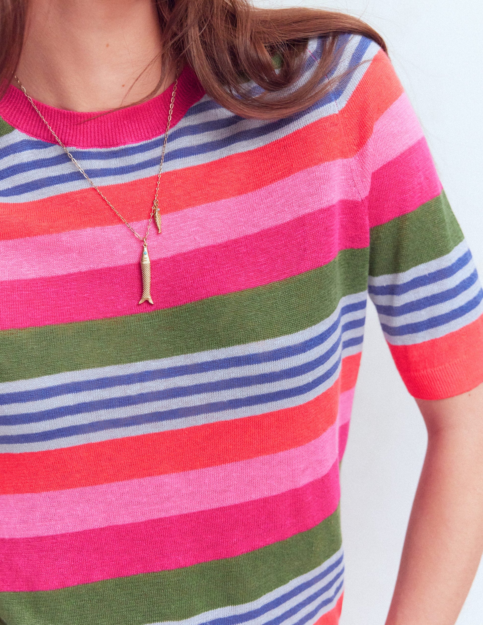 Agnes Linen Button T-Shirt-Multi Stripe-2
