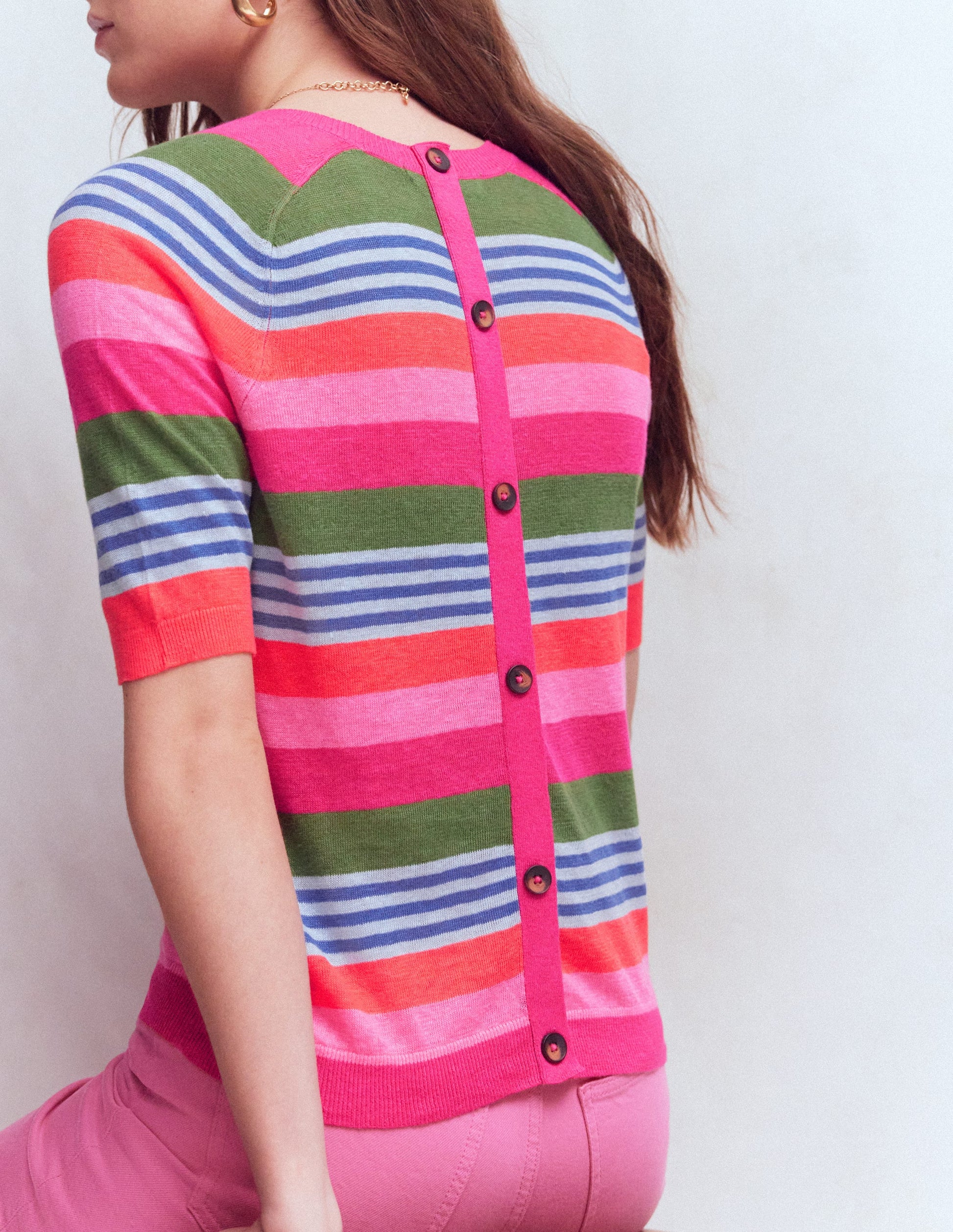 Agnes Linen Button T-Shirt-Multi Stripe-3