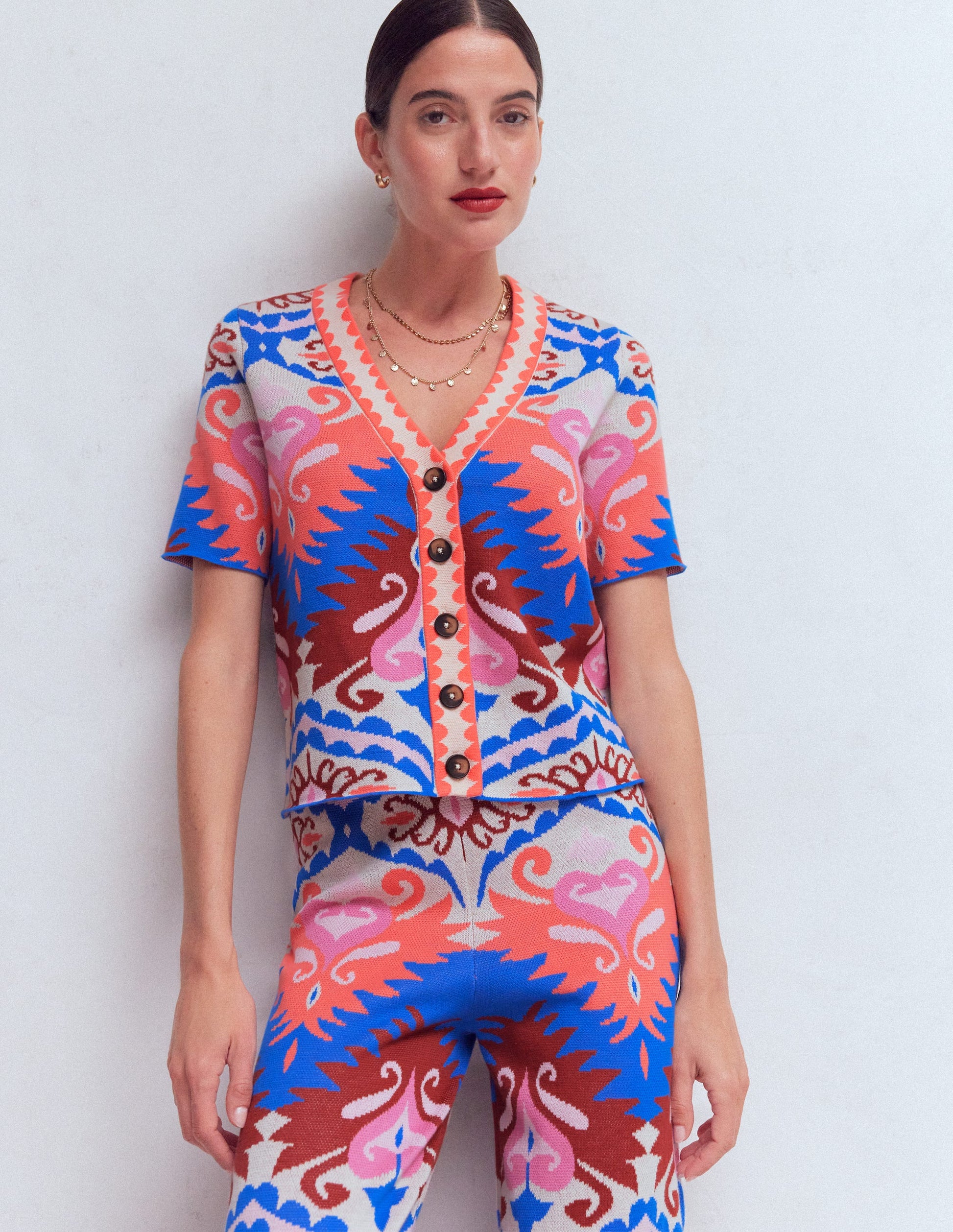 Short Sleeve Jacquard Cardigan-Aztec-5