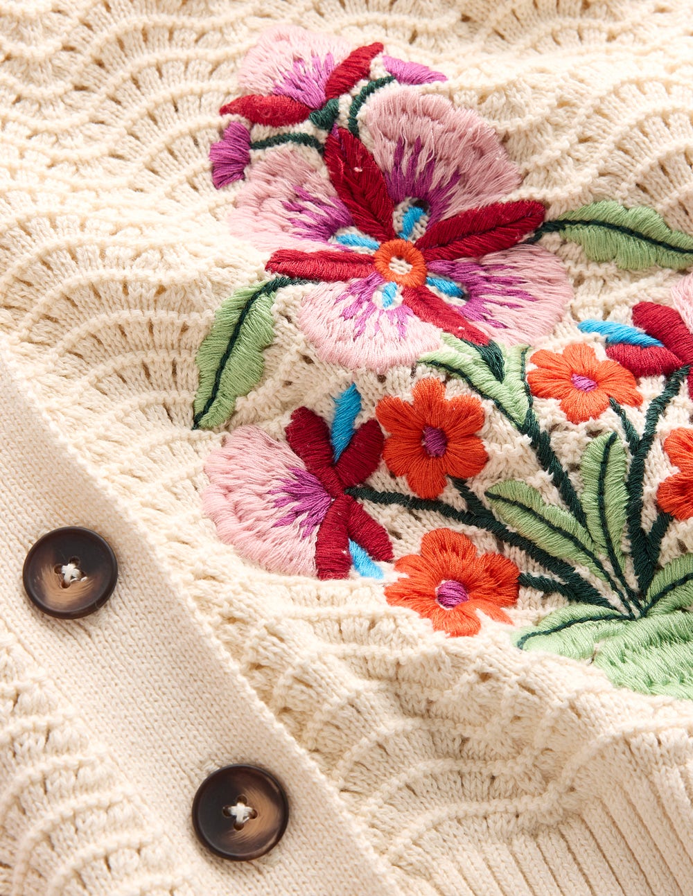 Lockere Baumwollstrickjacke mit Ziernaht-Naturweiß, Stickerei-9