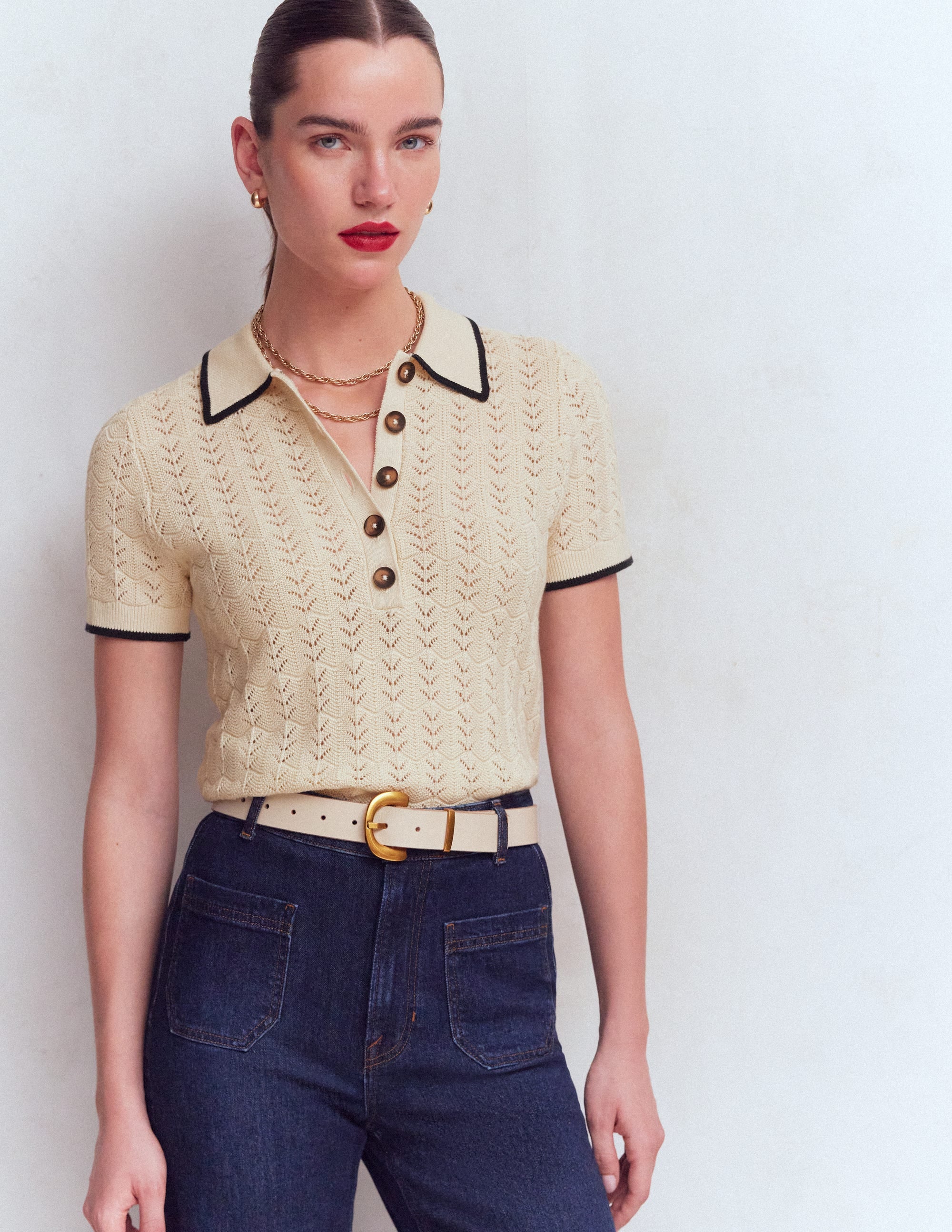 Henley-T-Shirt aus Pointelle-Creme - Image 1