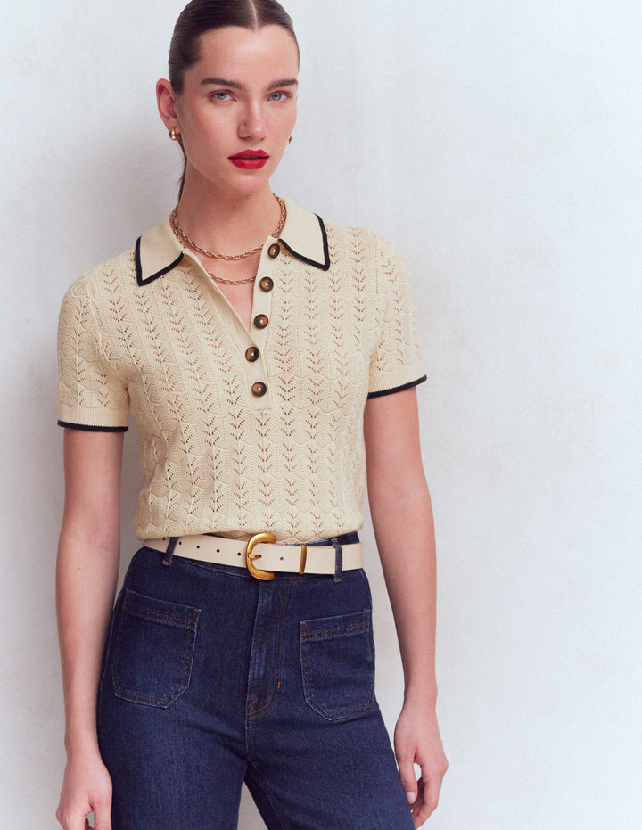 Henley-T-Shirt aus Pointelle-Creme