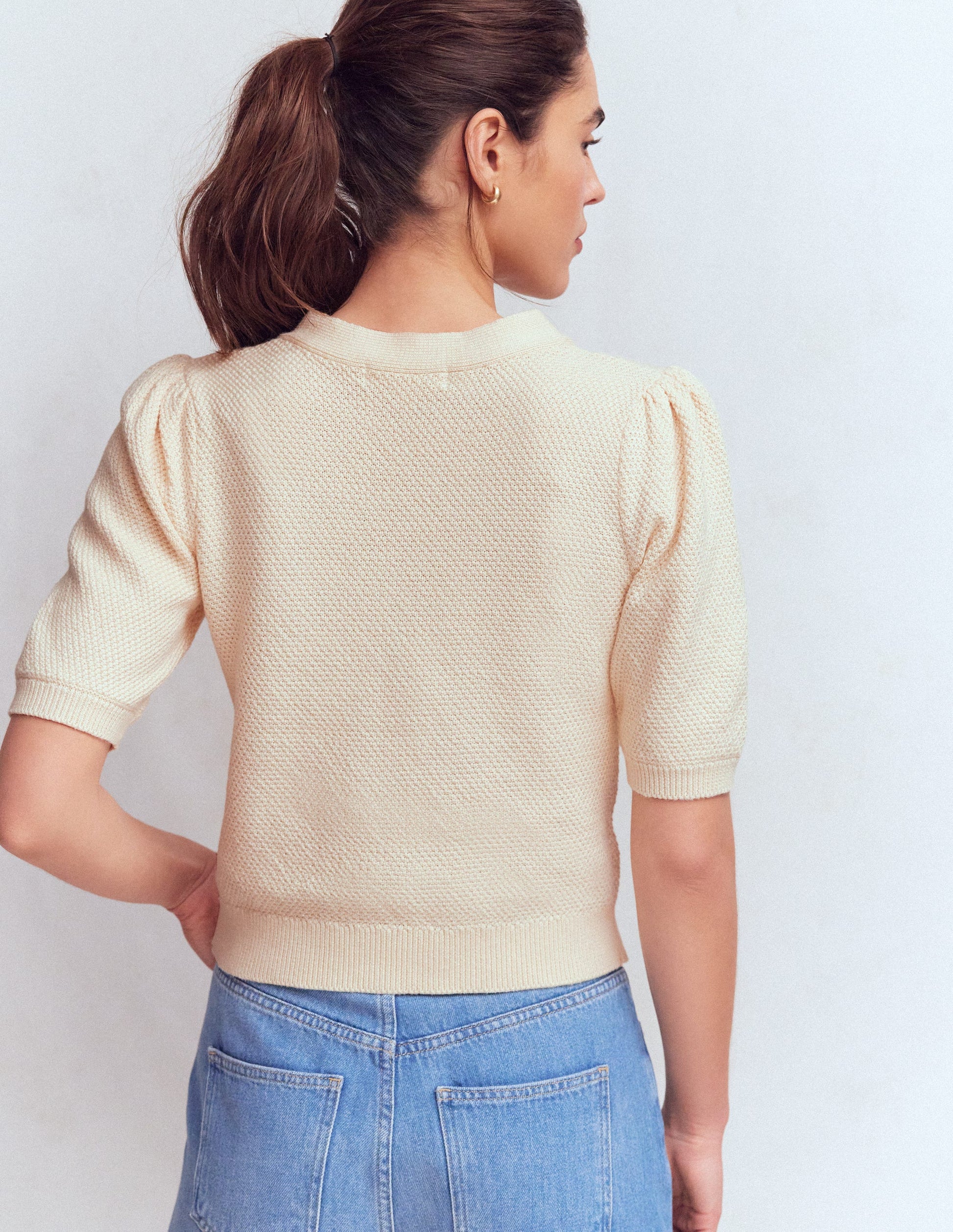 Hayley Baumwollstrickjacke mit V-Ausschnitt-Warmes Naturweiß-3