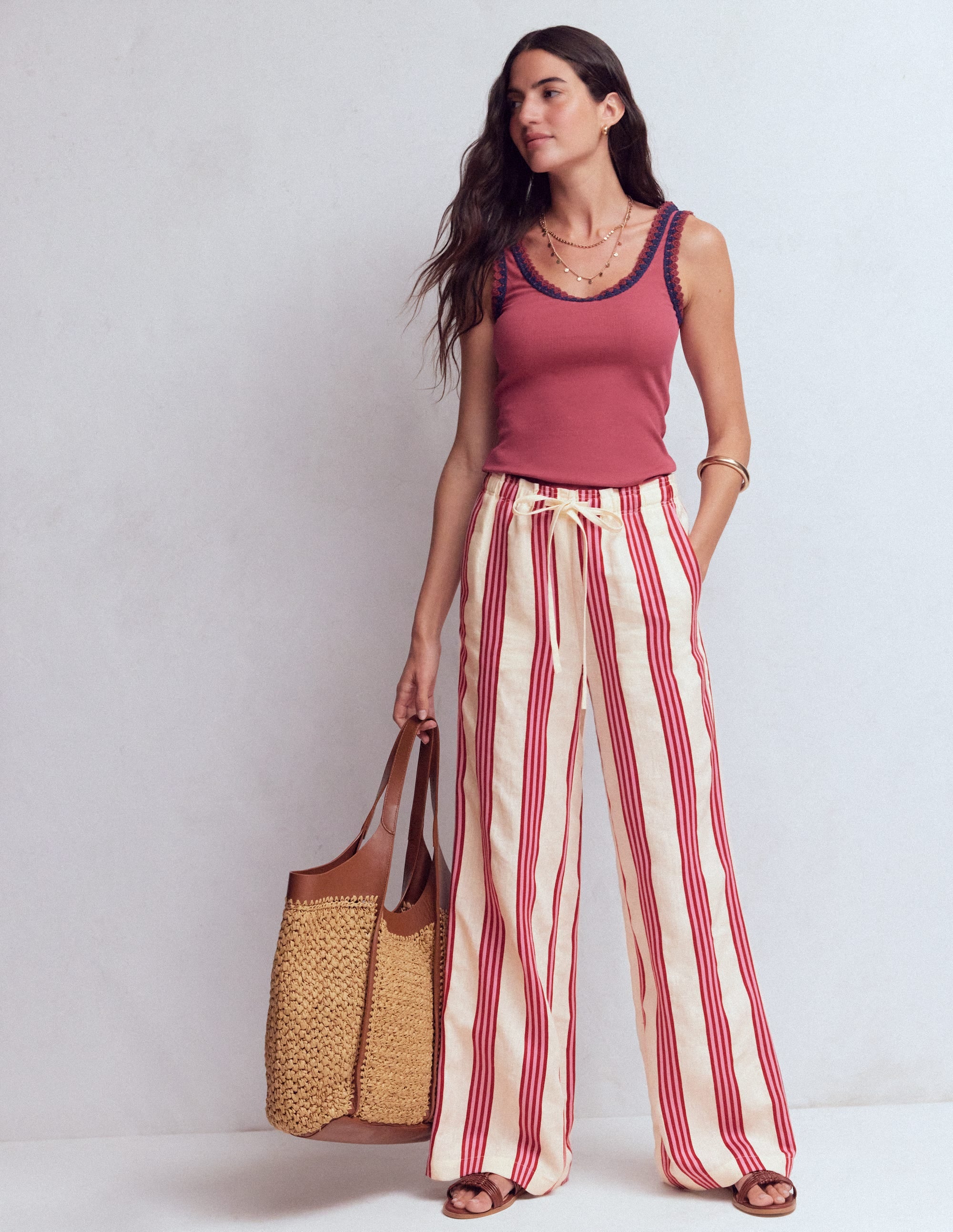 Islington Leinenhose-Naturweiß, Braun und Rosa Streifen - Image 1