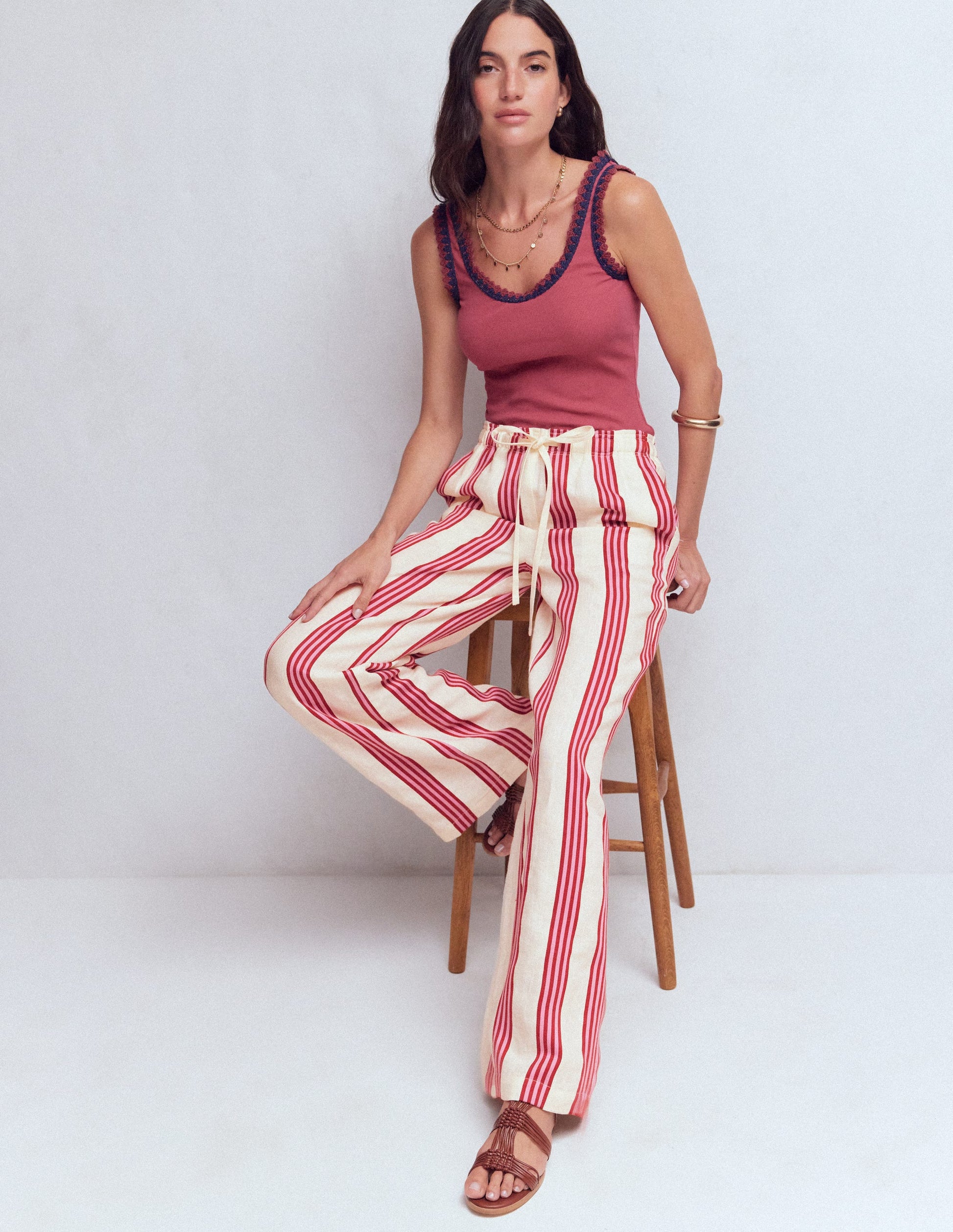 Pantalon Islington en lin-Rayé ivoire, marron et rose-4