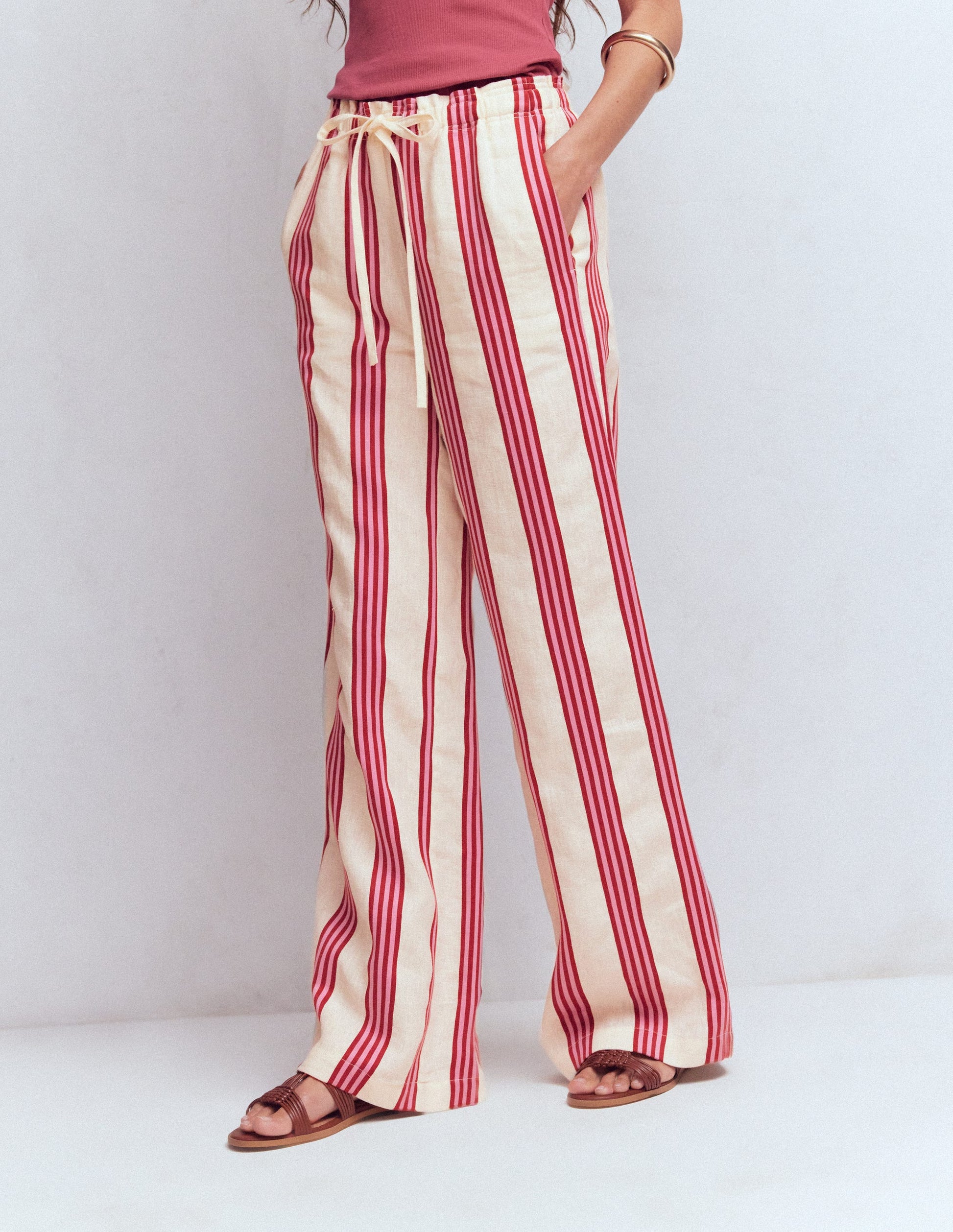Pantalon Islington en lin-Rayé ivoire, marron et rose-5