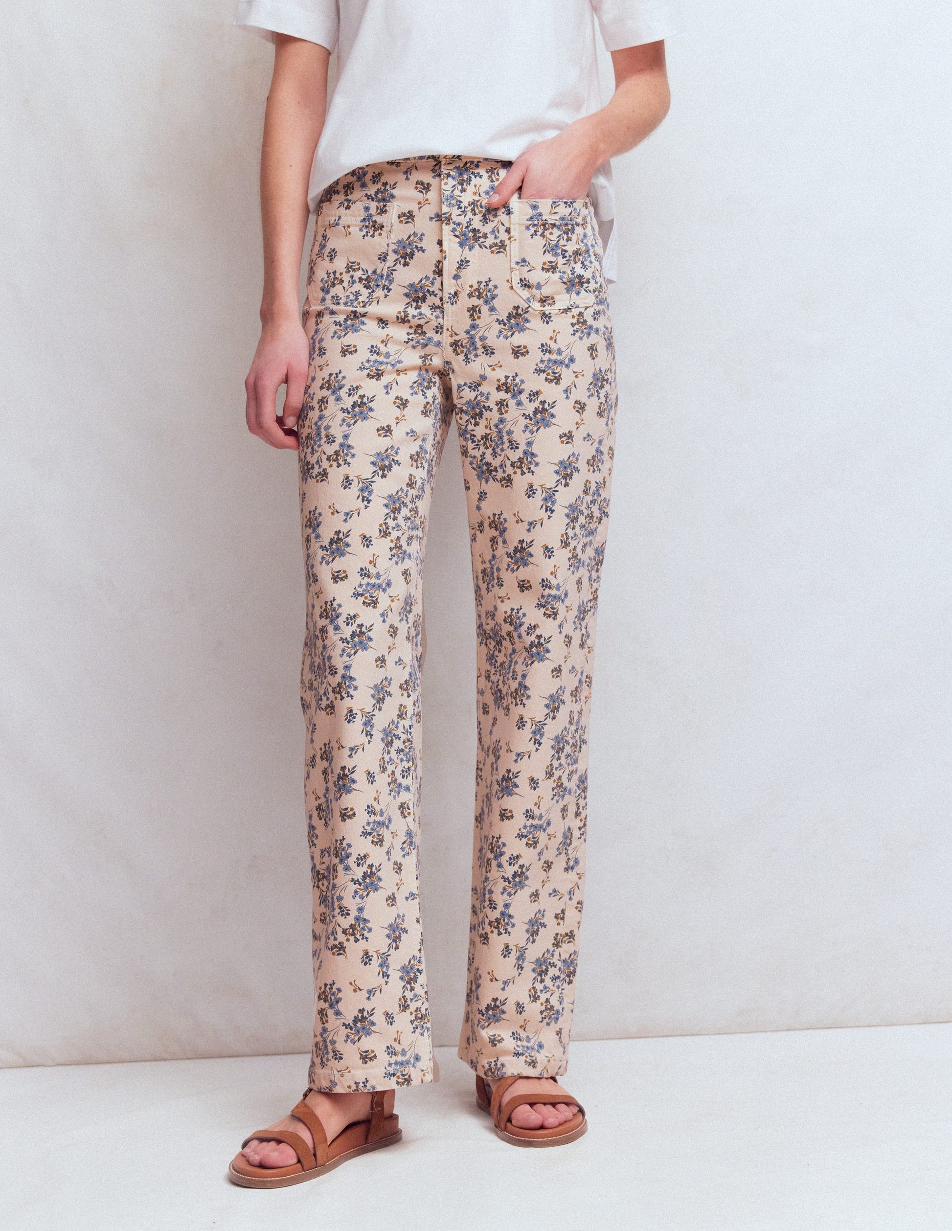 Jeans mit geradem Bein und Tasche-Naturweiß Blumenmuster-4