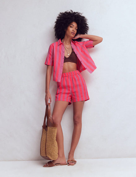 Short à enfiler double-étoffe-Rose, rayé moyen corail fluo