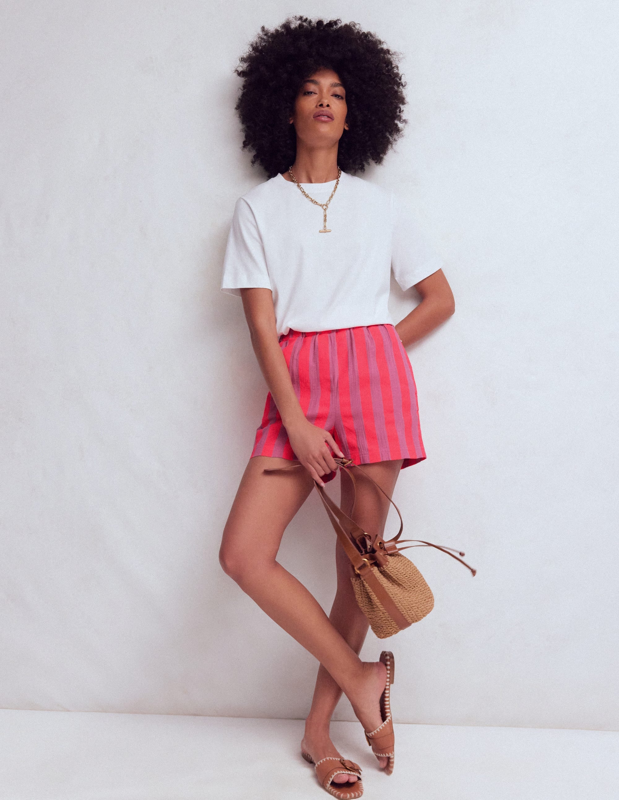 Pull On Double Cloth Shorts-Pink, Neon Coral Mid Stripe - Image 5