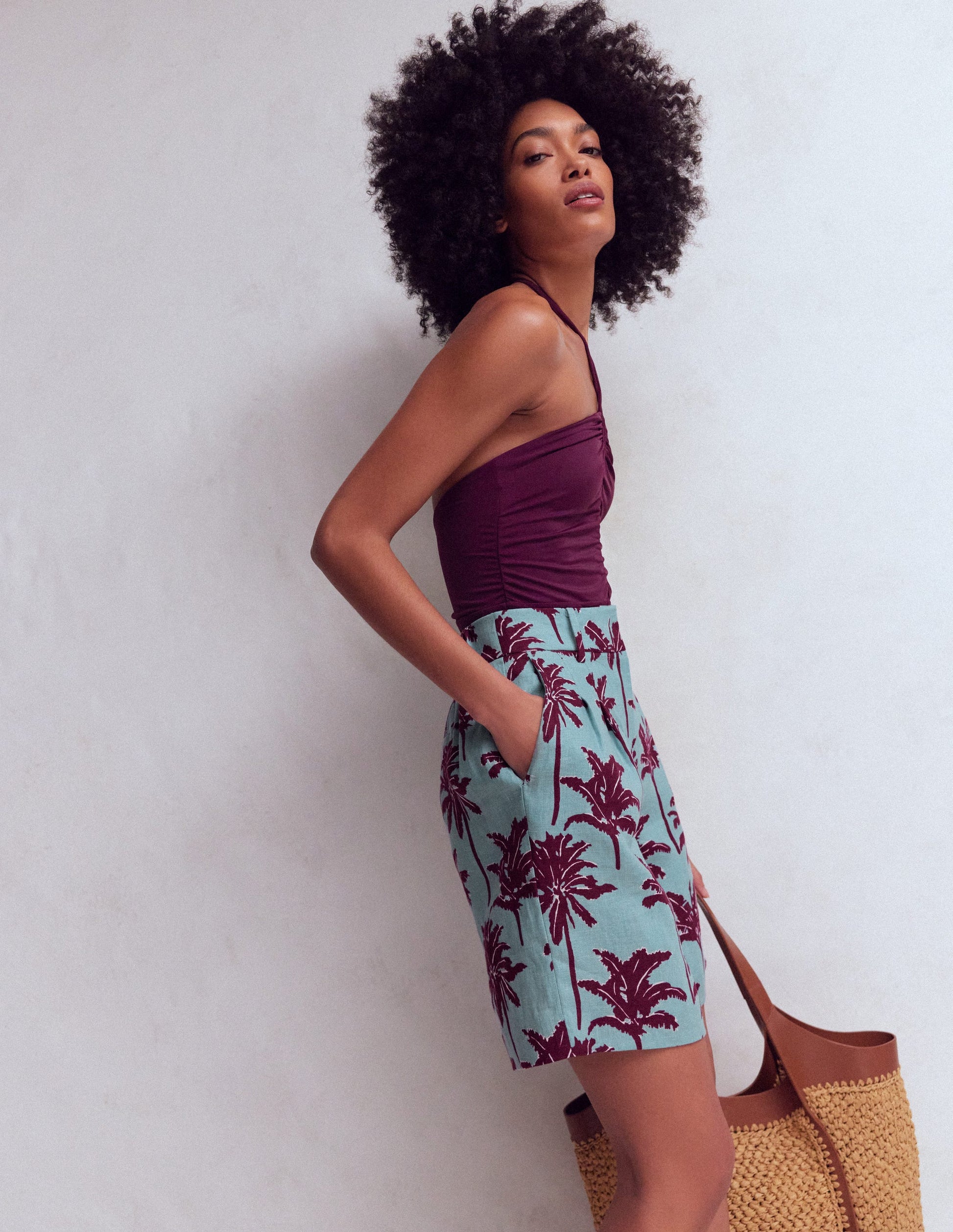 Short Kensington en lin-Bleu brume marine, motif Palm Paradise-6