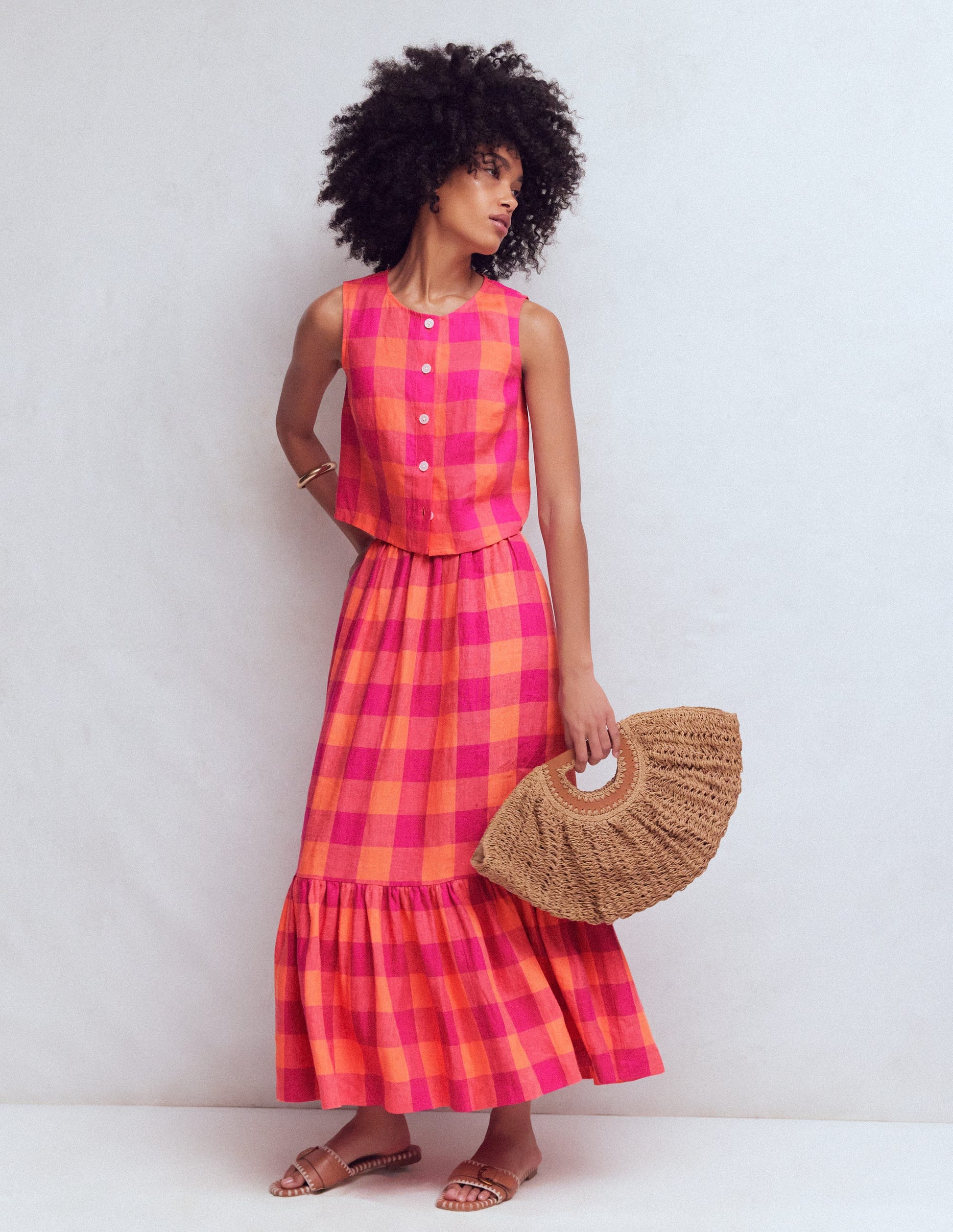 Abigail Maxirock aus Leinen-Fruchtiges Orange, Rosa Vichykaro-1