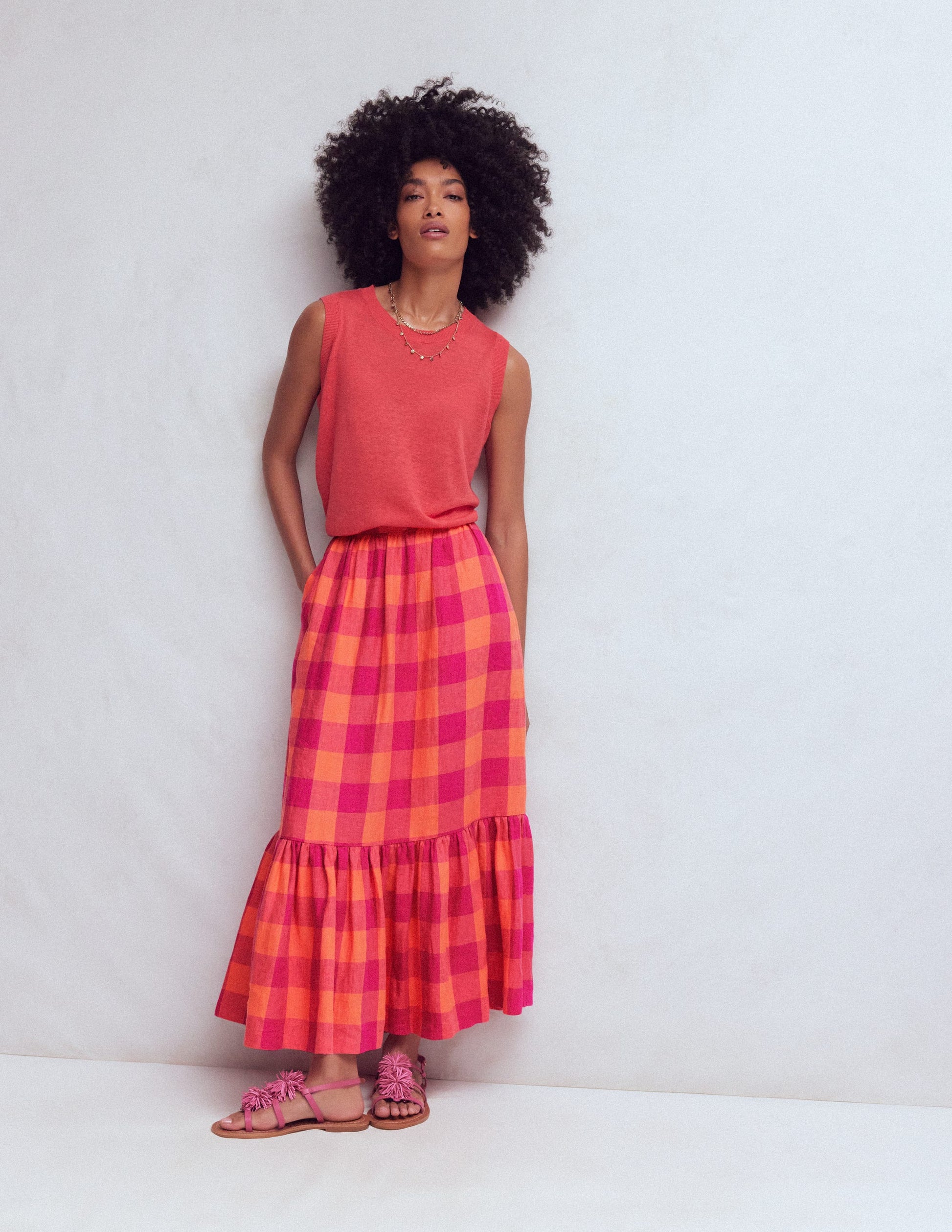 Abigail Maxirock aus Leinen-Fruchtiges Orange, Rosa Vichykaro-4