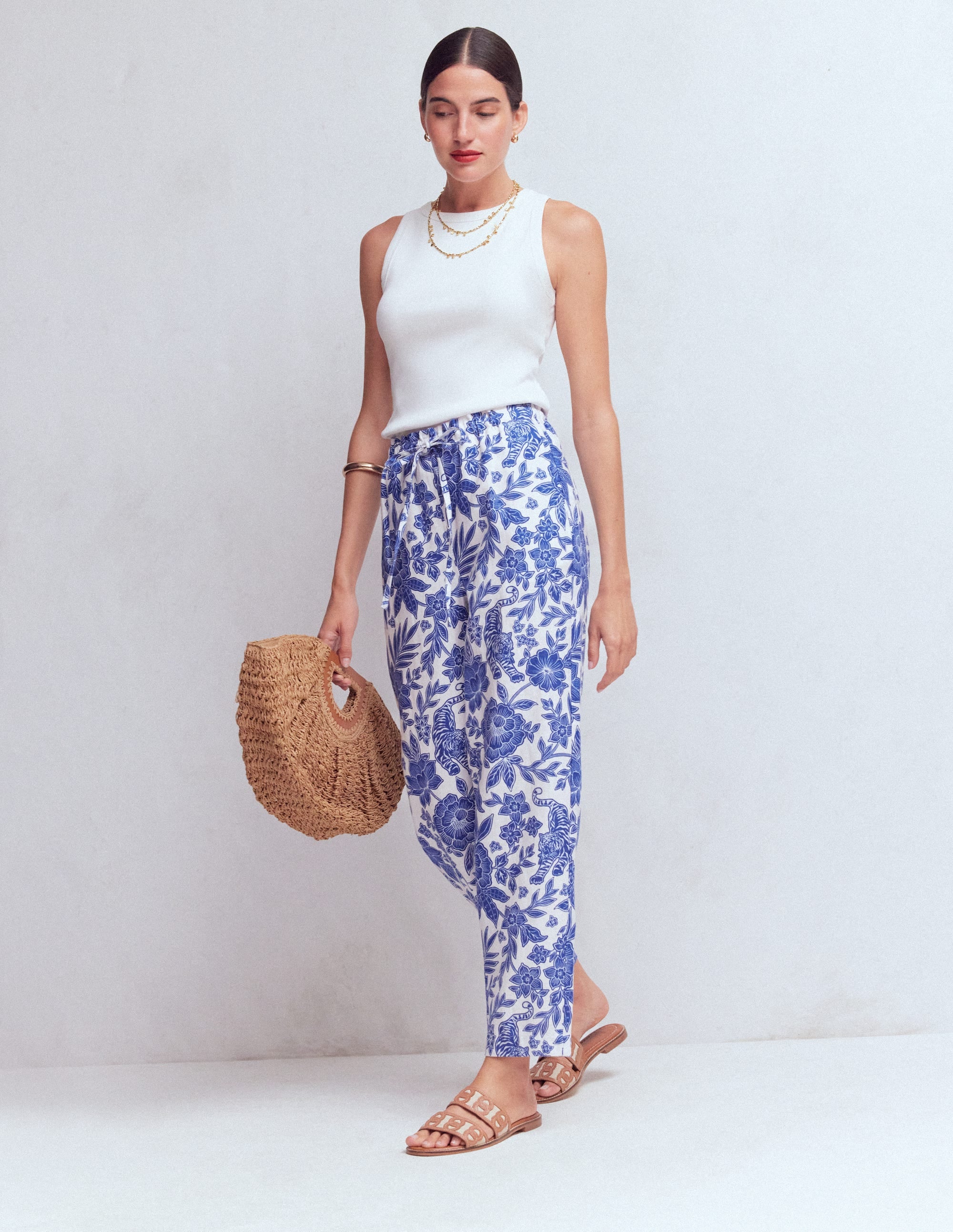 Pantacourt Islington en lin-Bleu mazarine, motif Tigers Paradise - Image 6