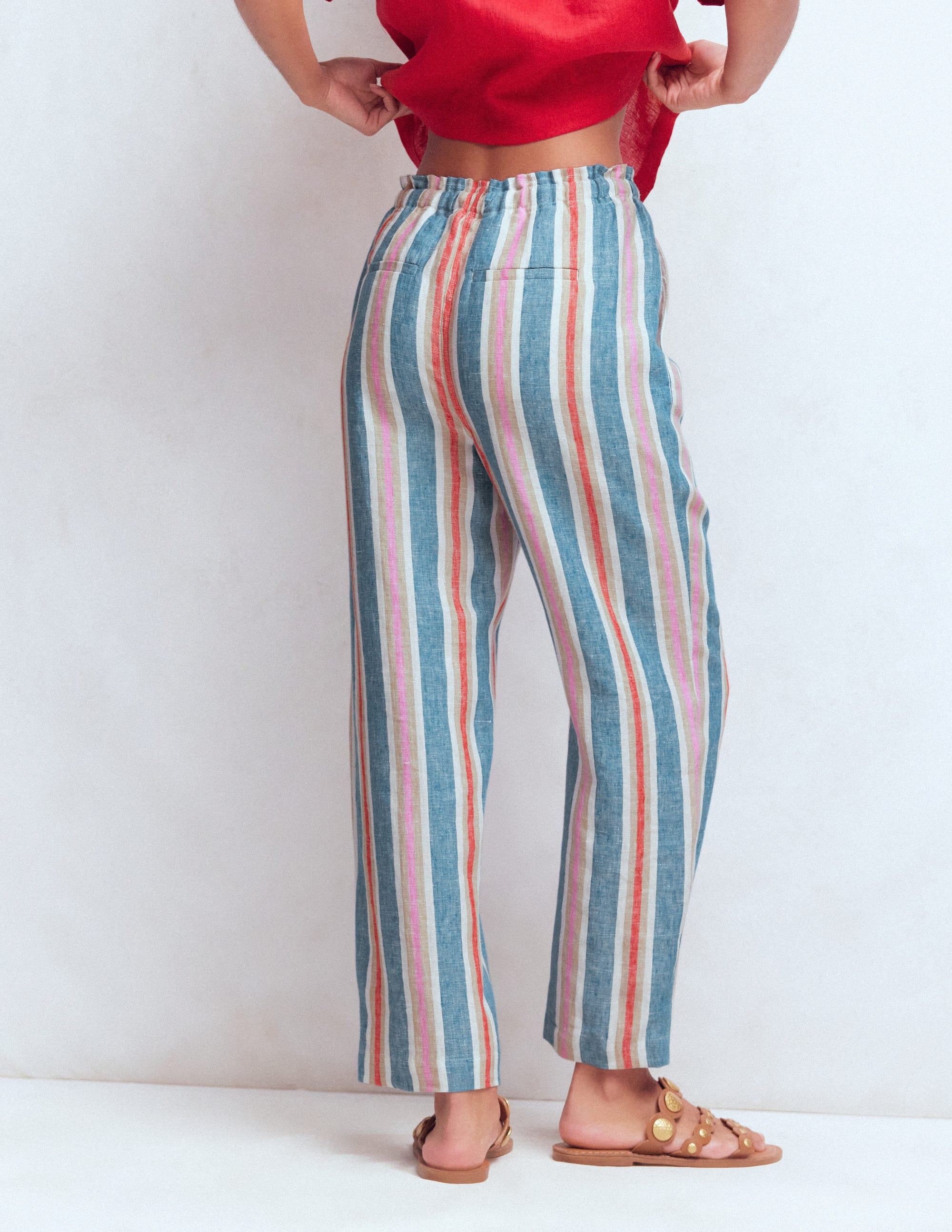 Islington Linen Crop Trousers-Blue, Pink, Red Multistripe - Image 3