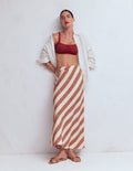 Bias Cut Linen Slip Skirt-Brown Diagonal Stripe