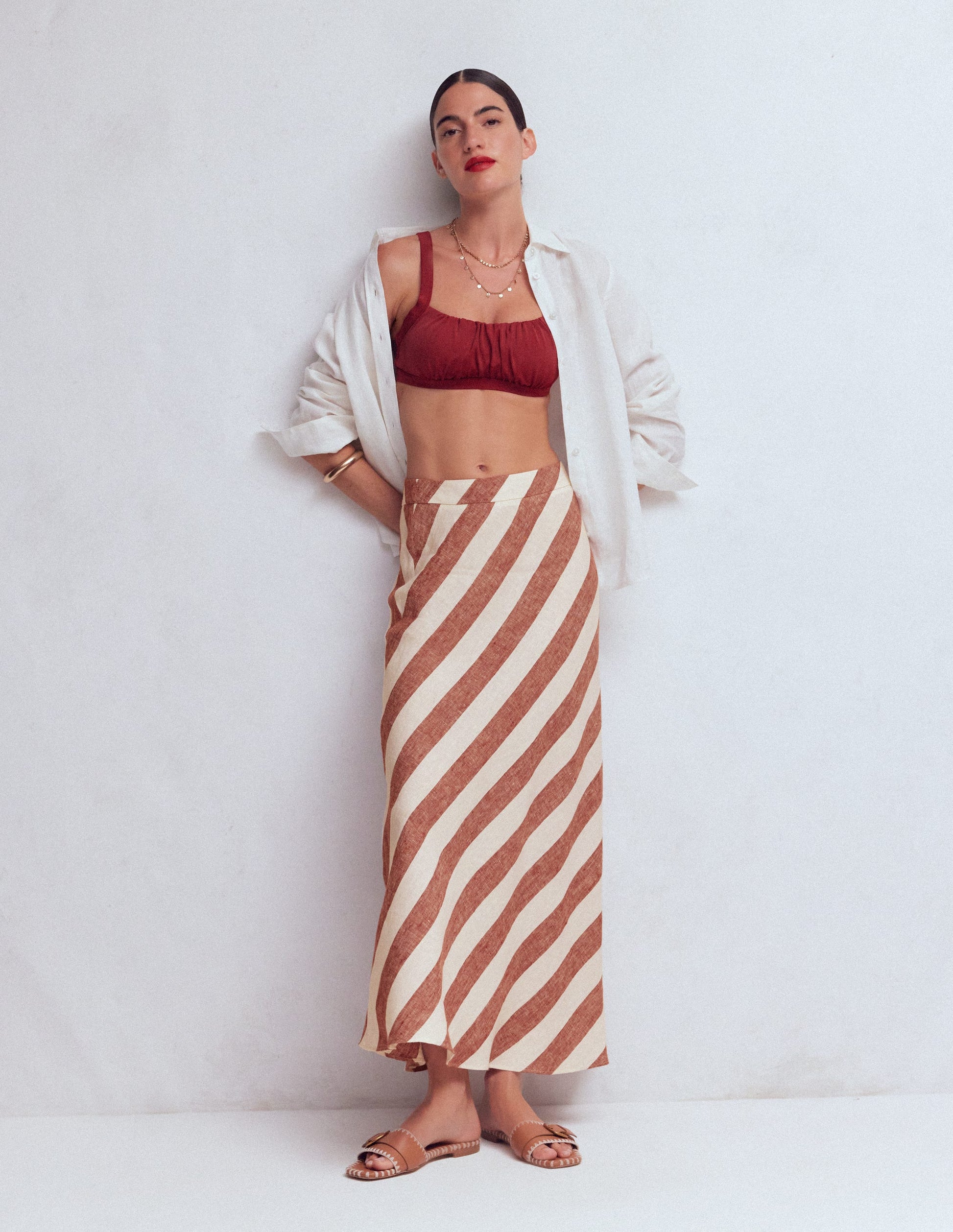 Schräg geschnittener Leinenrock-Braun Diagonale Streifen-2