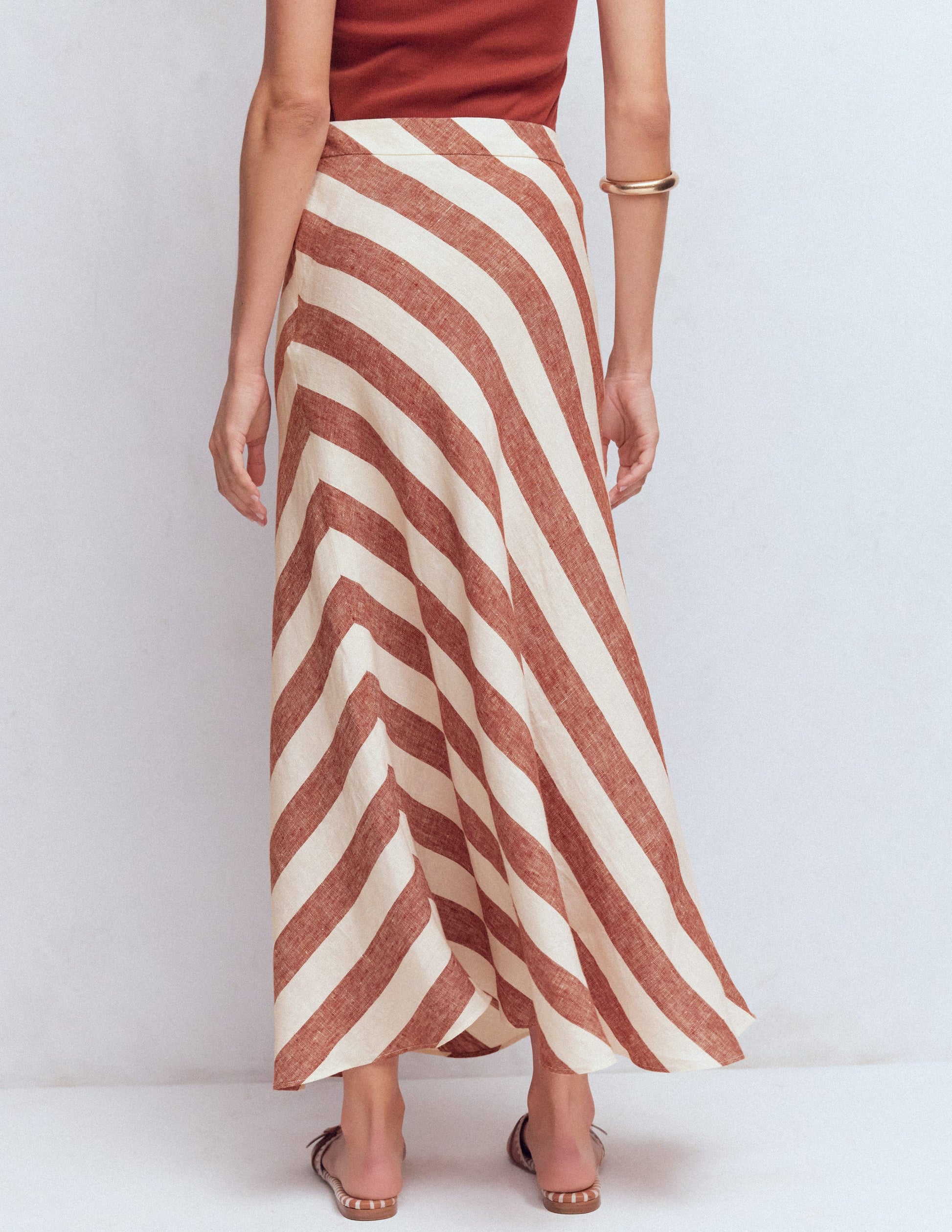 Schräg geschnittener Leinenrock-Braun Diagonale Streifen-4