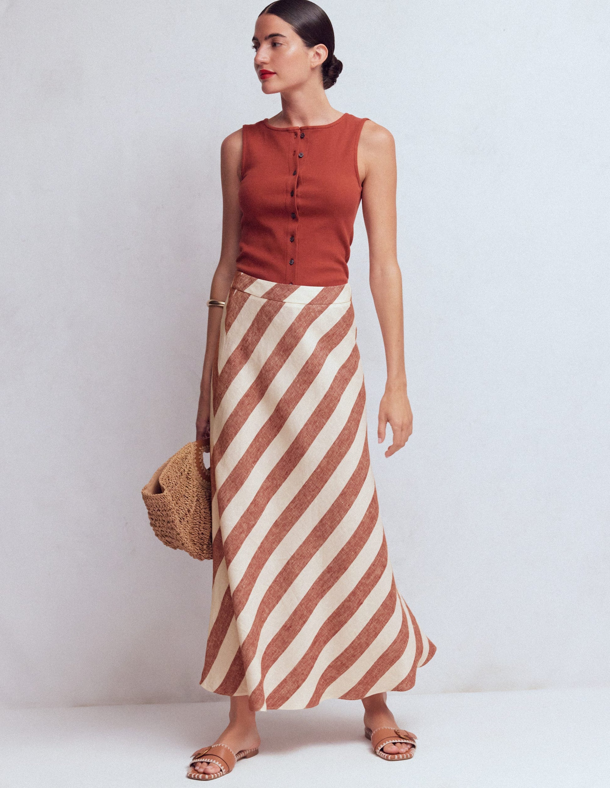 Schräg geschnittener Leinenrock-Braun Diagonale Streifen-6