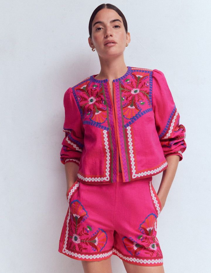 Short brodé en lin-Pivoine rose, brodé