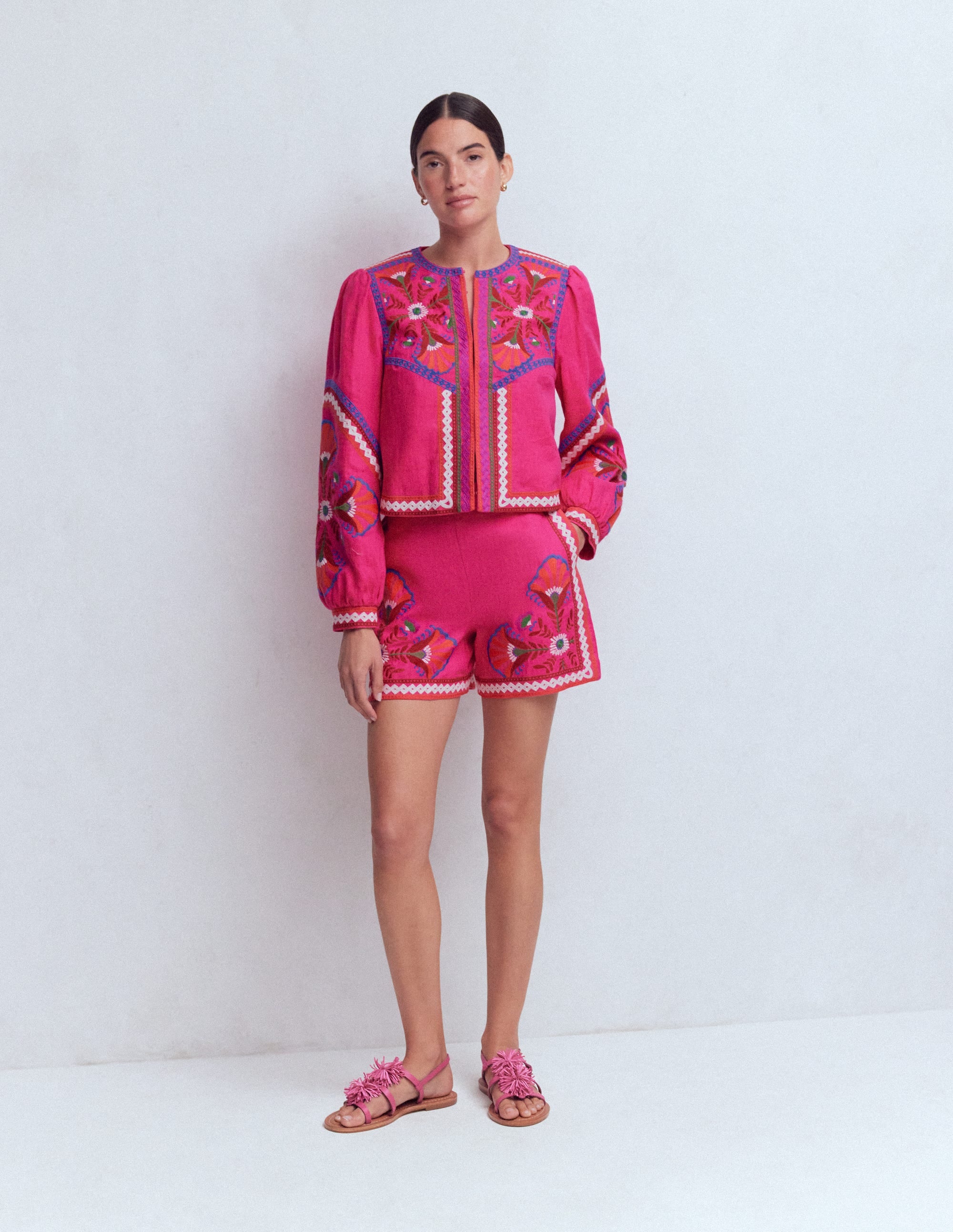 Bestickte Leinenshorts-Rosa Pfingstrose, Stickerei - Image 4