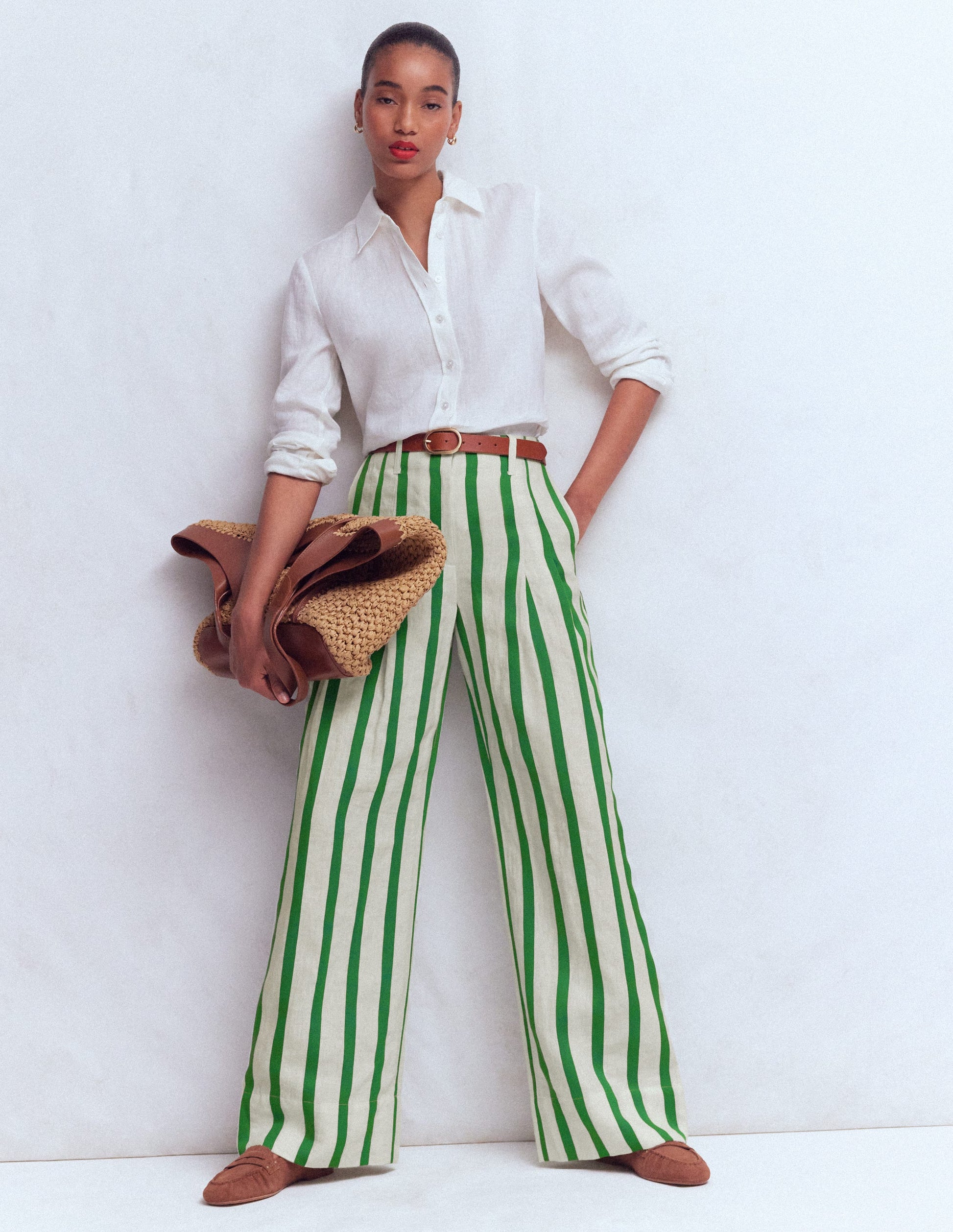 Pantalon Mayfair en lin-Ivoire, rayé vert frais-1