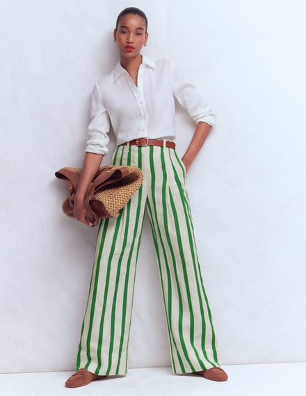 Pantalon Mayfair en lin-Ivoire, rayé vert frais