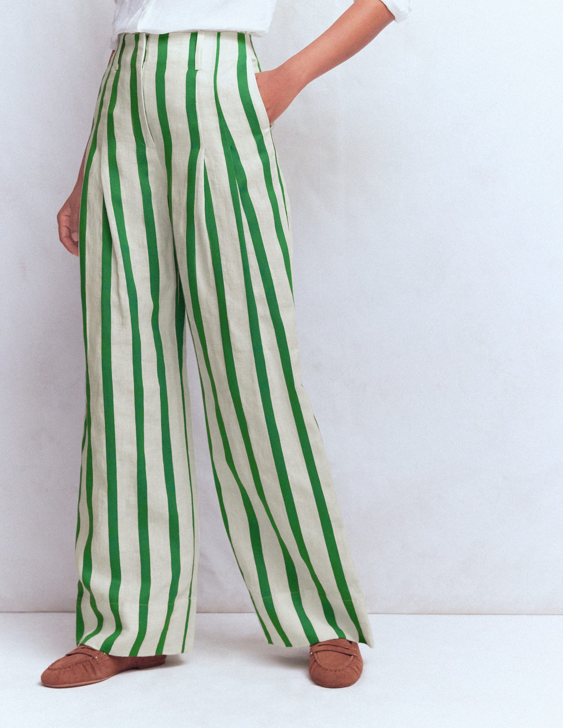 Pantalon Mayfair en lin-Ivoire, rayé vert frais-4