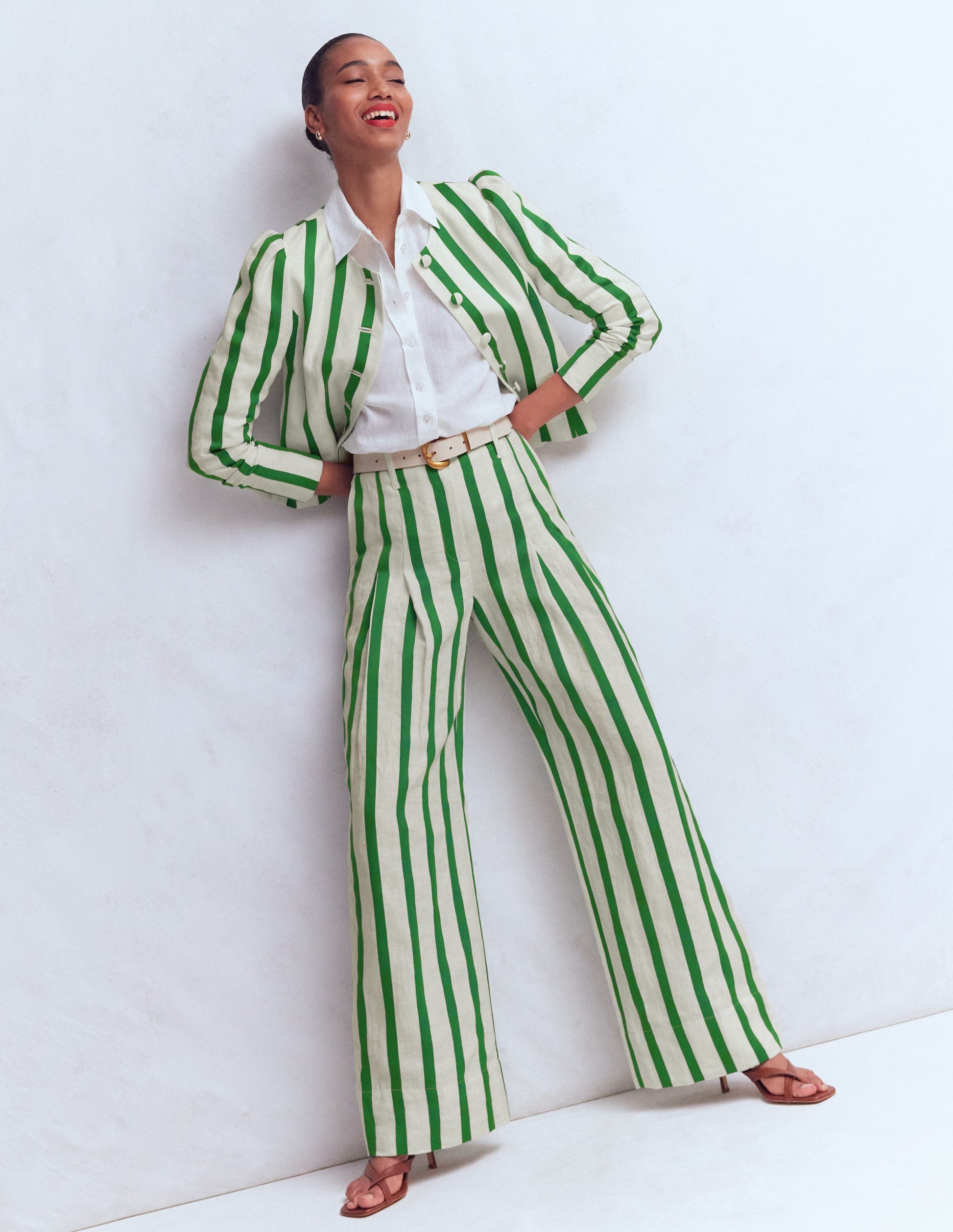 Pantalon Mayfair en lin-Ivoire, rayé vert frais-5