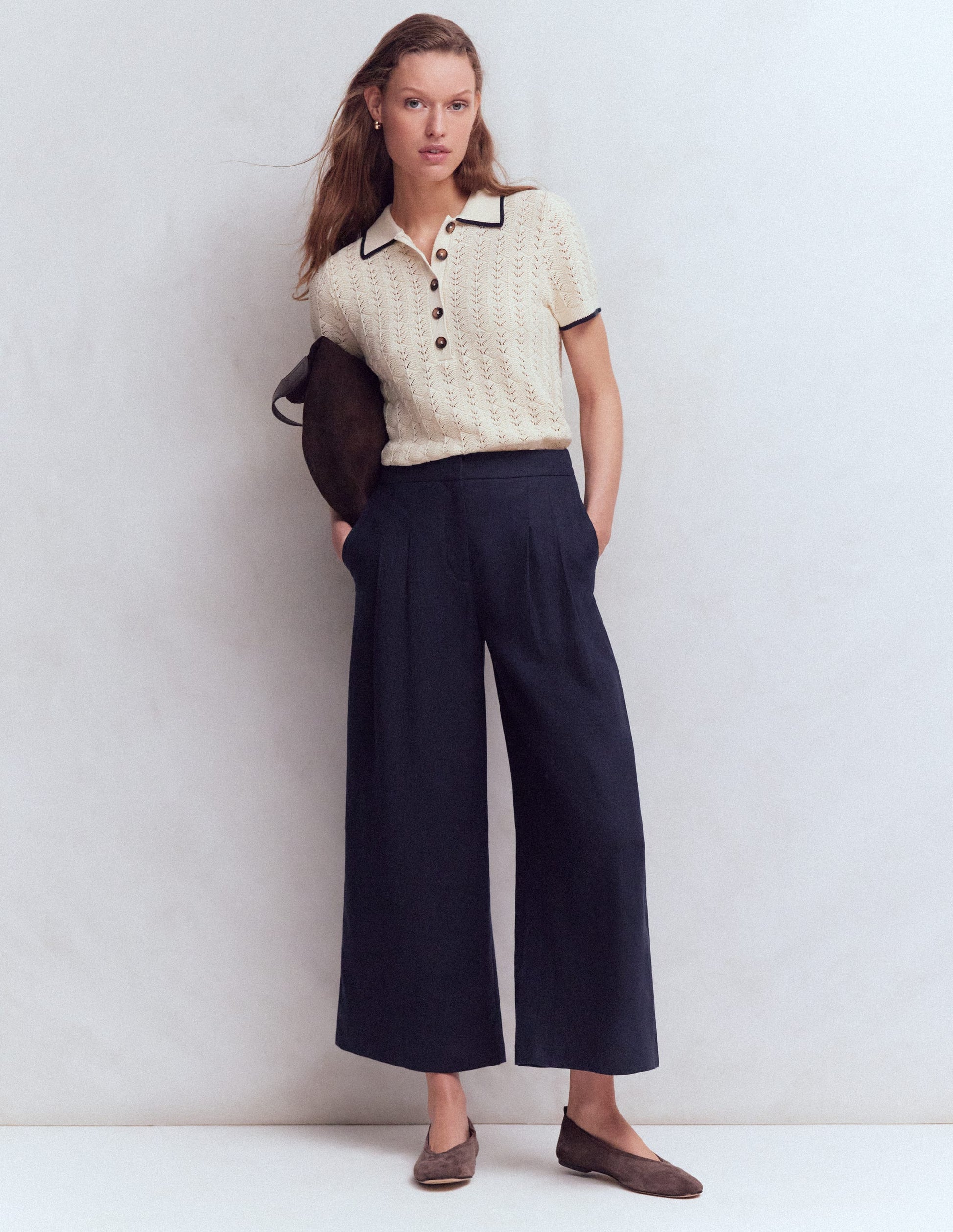 Leinen-Culotte mit Bundfalte-Marineblau-1